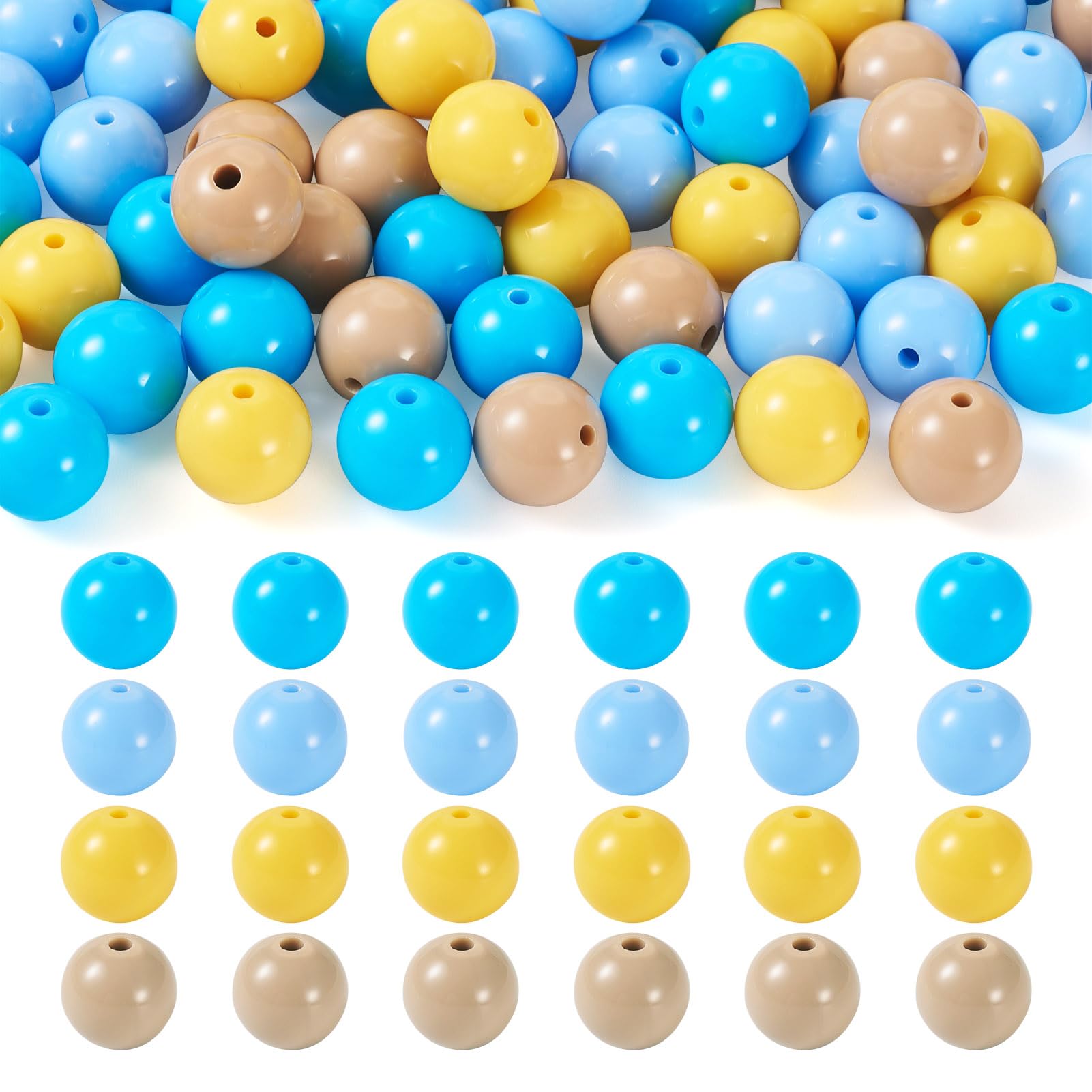 Perles acryliques 12mm bleues et jaunes pour bijoux Kandi et theme mer