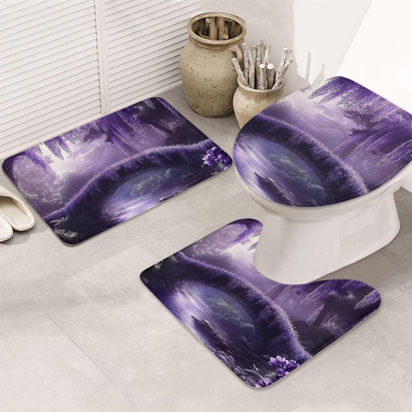 Juego de 3 alfombras de baño de microfibra morada con base antideslizante