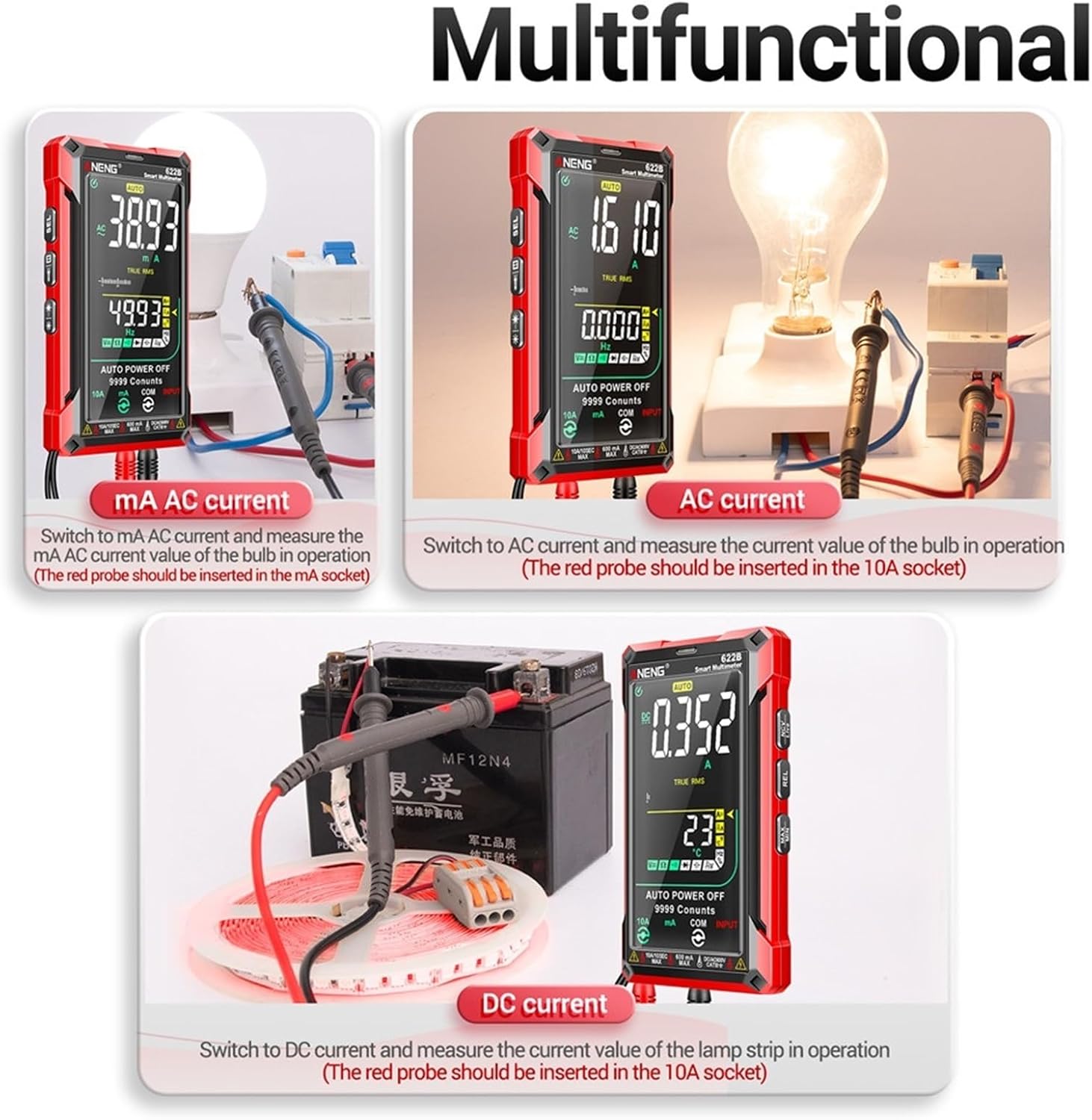JDOUNFMO 622B Multimeter demonstrating AC and DC current measurements