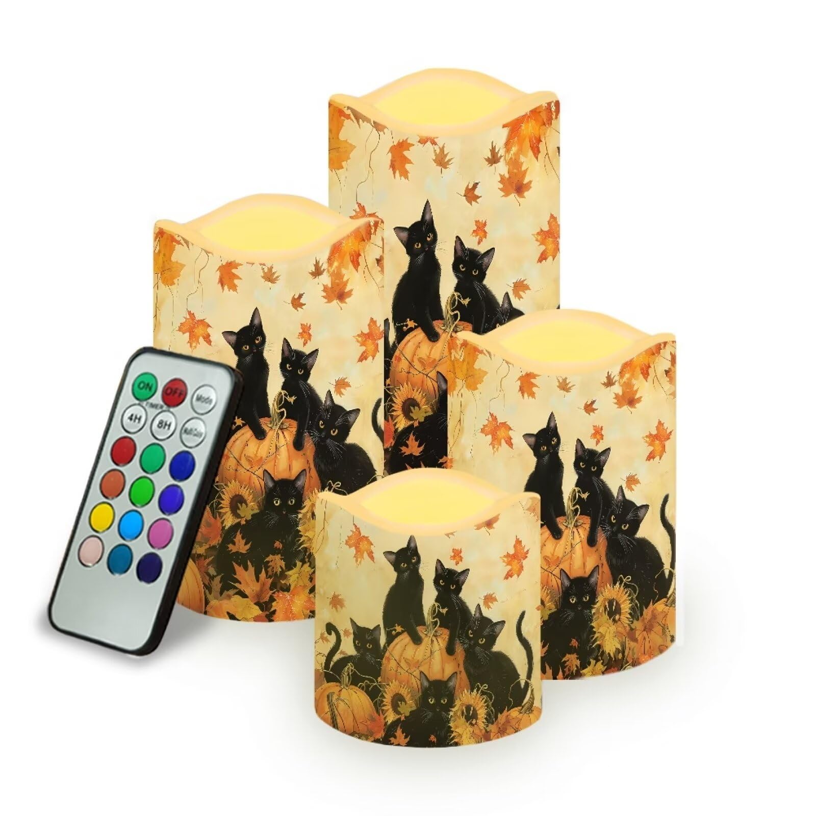 Fall Maple Black Cat Flickering Flameless Candles with Remote LED Pillar Candles Battery Operated with Timer Color Changing Electric Candles for Thanksgiving Day Home Kitchen Decor