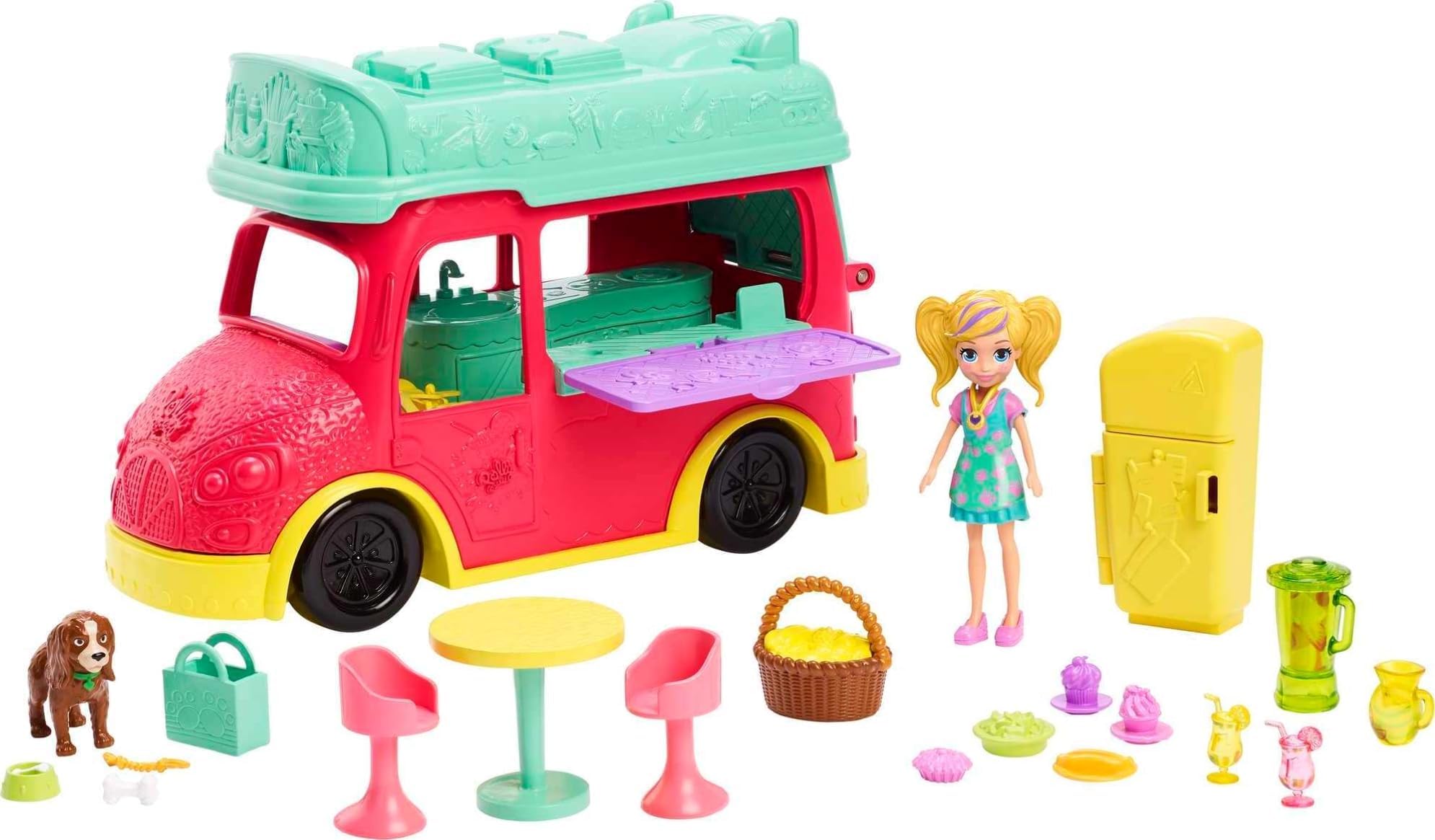 Polly Pocket Playset, Swirlin' Smoothie Truck Transforming Vehicle Toy with 3-inch Doll, Pet Puppy & Food Accessories