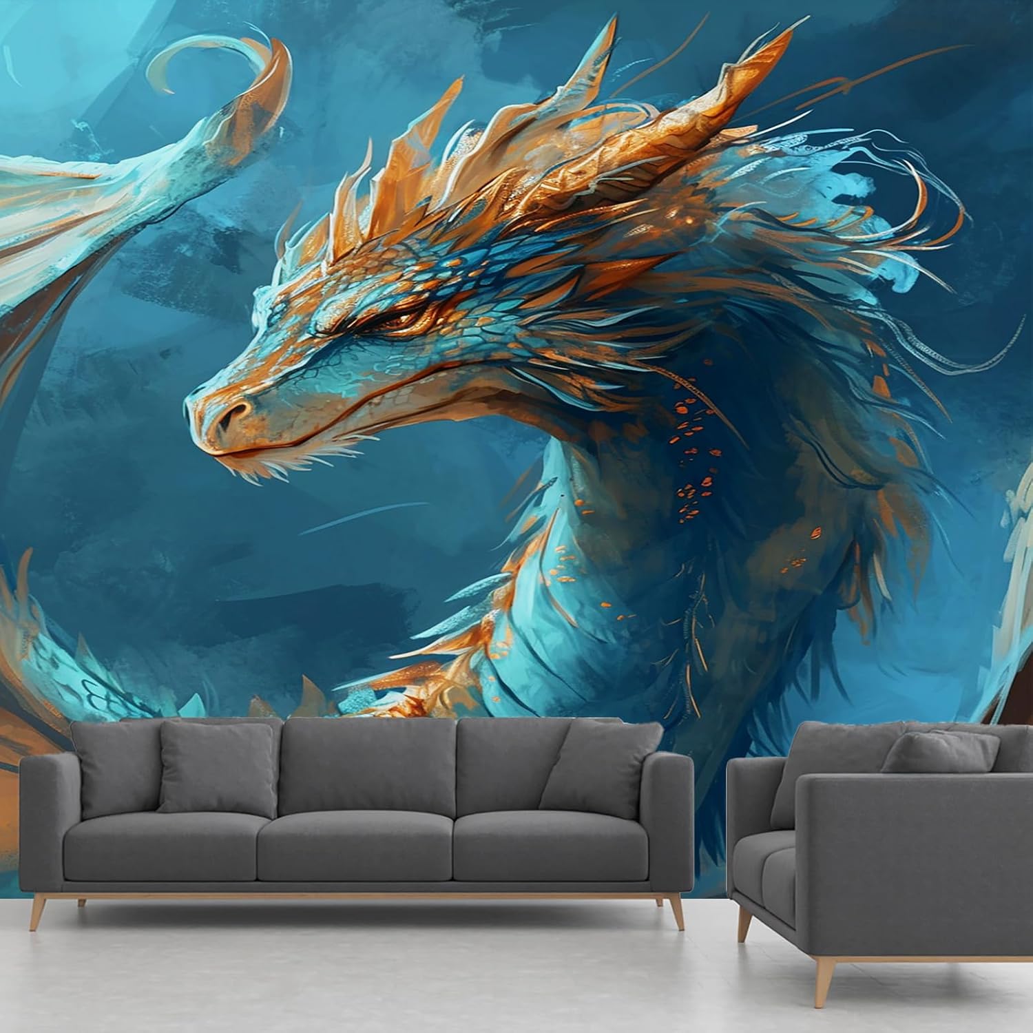 Teal Dragon Wall Mural, Medieval Wallpaper for Living Room, Fantasy Animal Mural for Bedroom Dining Room Wall Decor