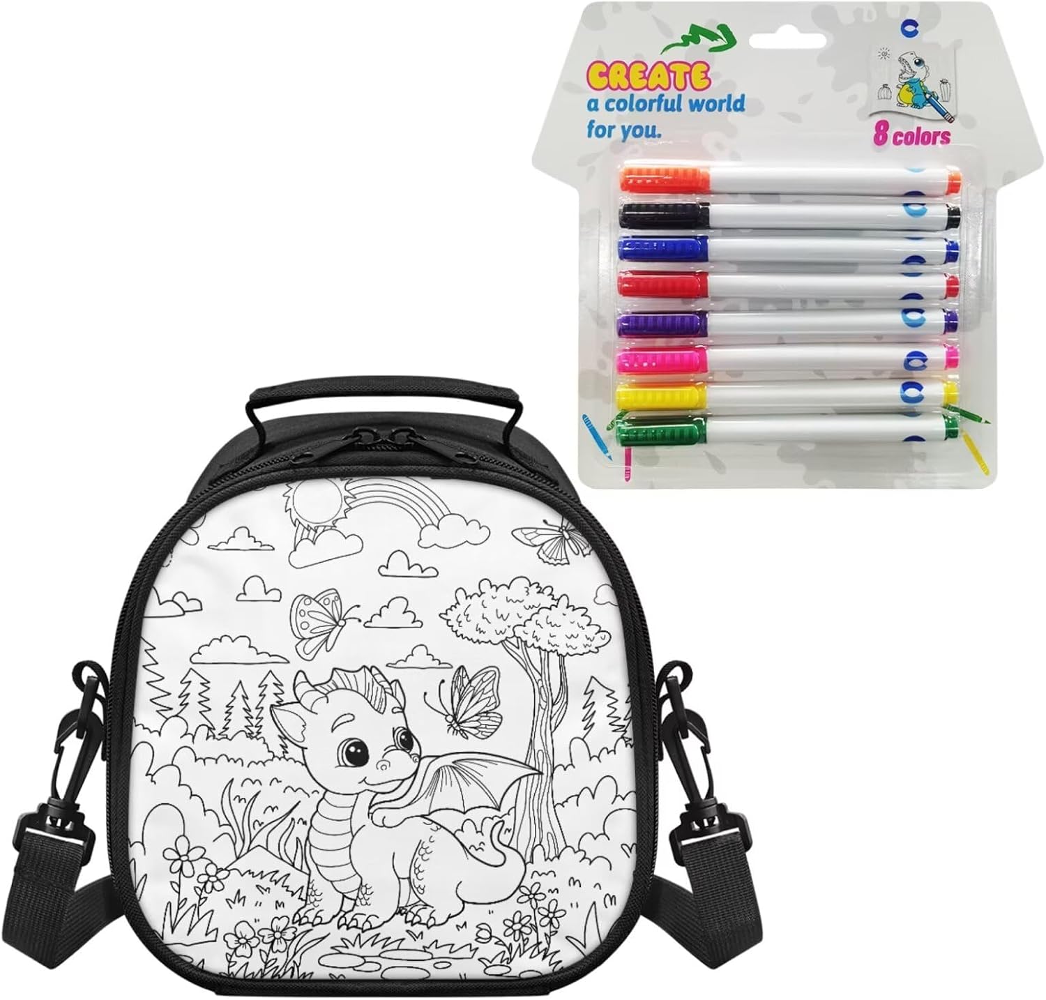 DIY Coloring Rainbow Small Lunch Bag for Kids Dragon Coloring Crafts Lunch Box Holder Storage Bag for Boys Girls with 8 Colored Marker for Art Activity, School, Picnic, Gifts