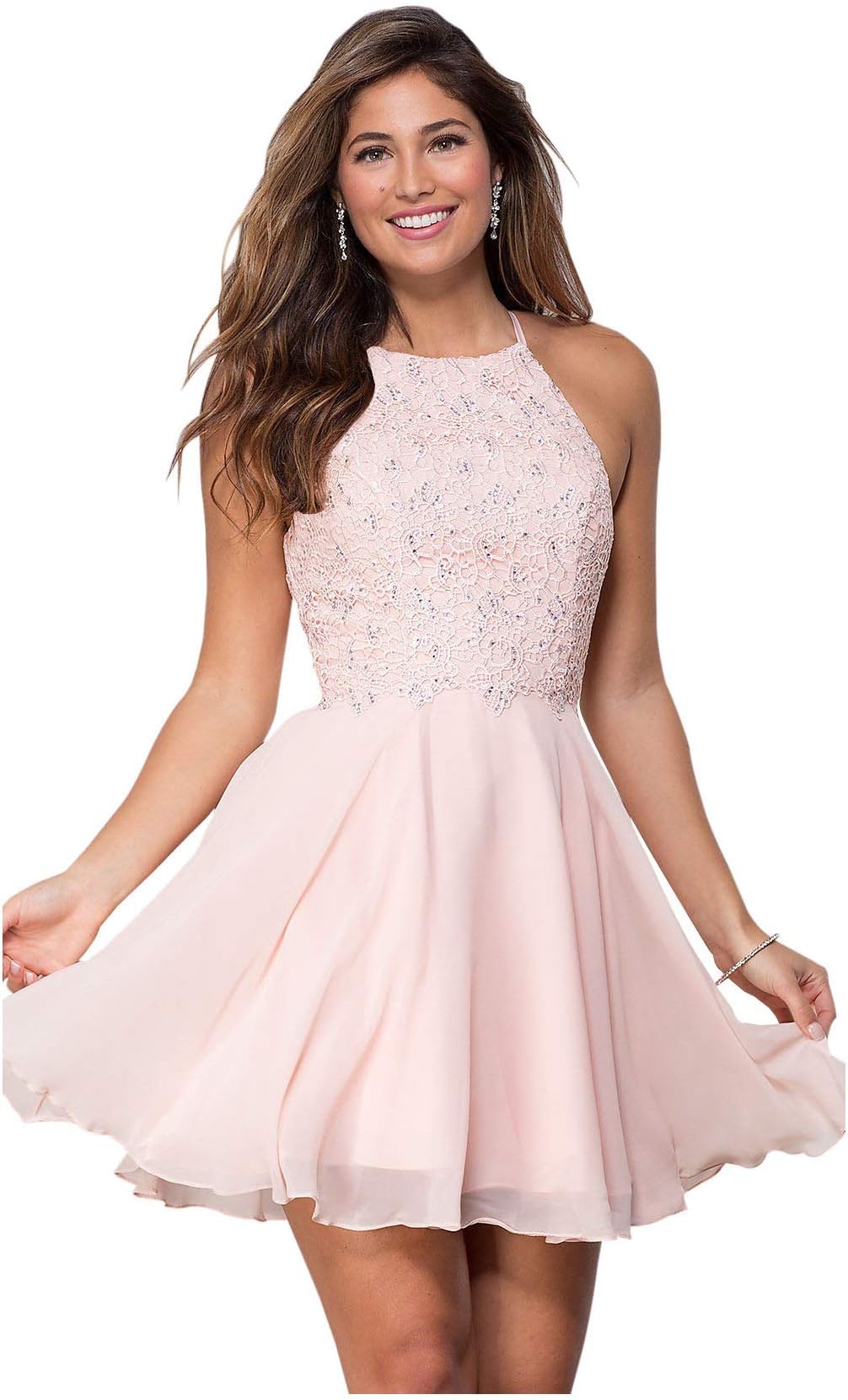 Women's Open Back Beaded Chiffon Lace Homecoming Dress Halter Short Ball Gown Blush Pink Size 8