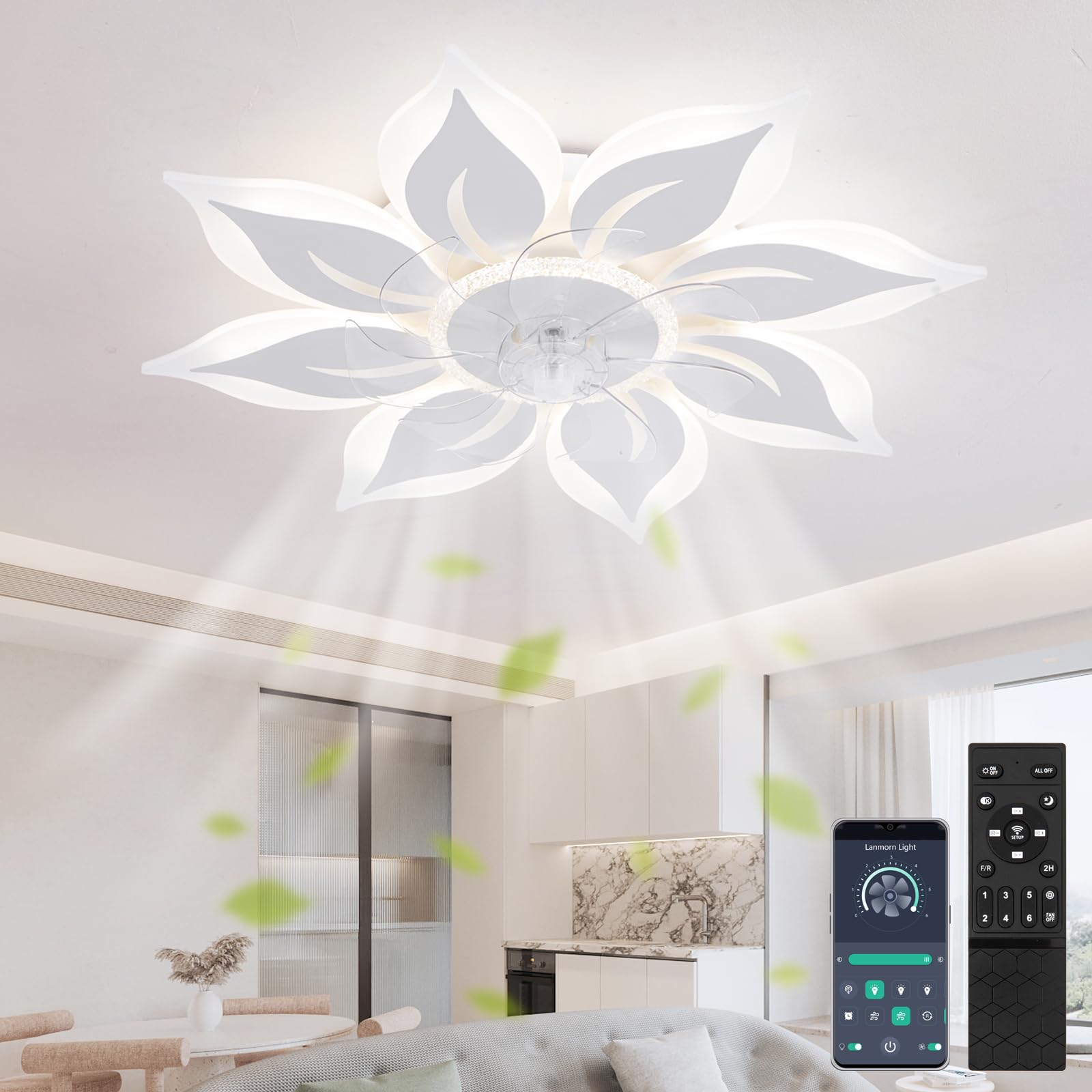 KeLuKes Smart Plafondventilatoren met verlichting compatibel met Alexa