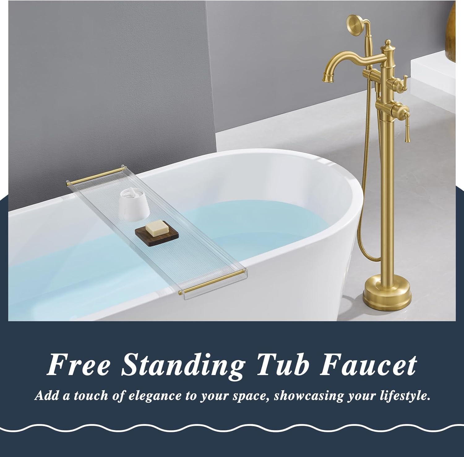Free Standing Tub Faucet, Qinkell Classic Elegant Gooseneck Freestanding Bathtub Faucet with Sprayer Brass Luxury Floor Mount Bath Faucets High Flow Roman Tub Filler, Brushed Gold (QC-202511BG) - Image 2