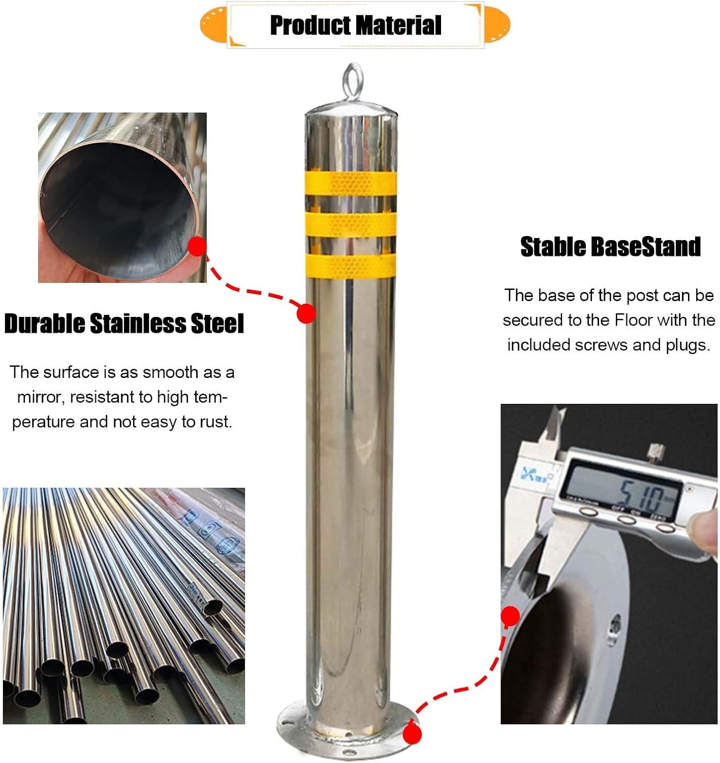 Traffic Barricade Cones, Heavy Duty Stainless Steel Parking Bollard Post, Fixed Safety Barrier for Road Safety and Car Park Crowd Control image 2