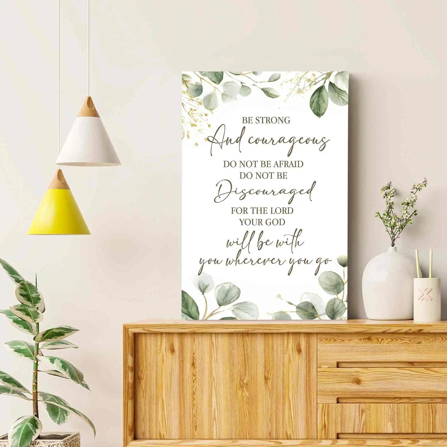 HIWX Christian Inspirational Wall Decor, Be Strong and Courageous Bible Verses Framed Canvas Painting Wall Art Decor, Sage Green Botanical Religious Wall Art Home Decoration for Bedroom Church, 16x24