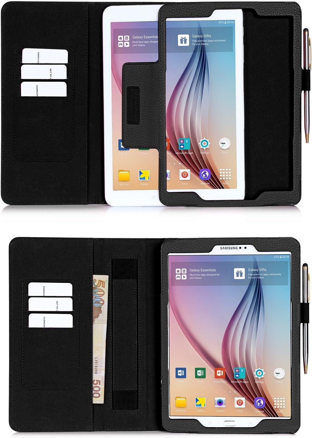 FYY Case for Samsung Galaxy Tab S2 9.7 - Premium Leather Case Stand Cover with Card Slots, Note Holder, Elastic Strap for Samsung Galaxy Tab S2 9.7" Black (with Auto Wake/Sleep)