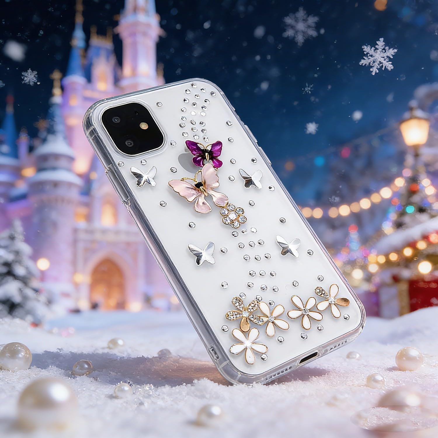 Glitter Design Phone Case for Samsung Galaxy A35 - Girls Women 3D Luxury Shiny Bling Protective Cover with Screen Protector, White Floral Pearl Crystal Phone Strap - Butterfly Flower