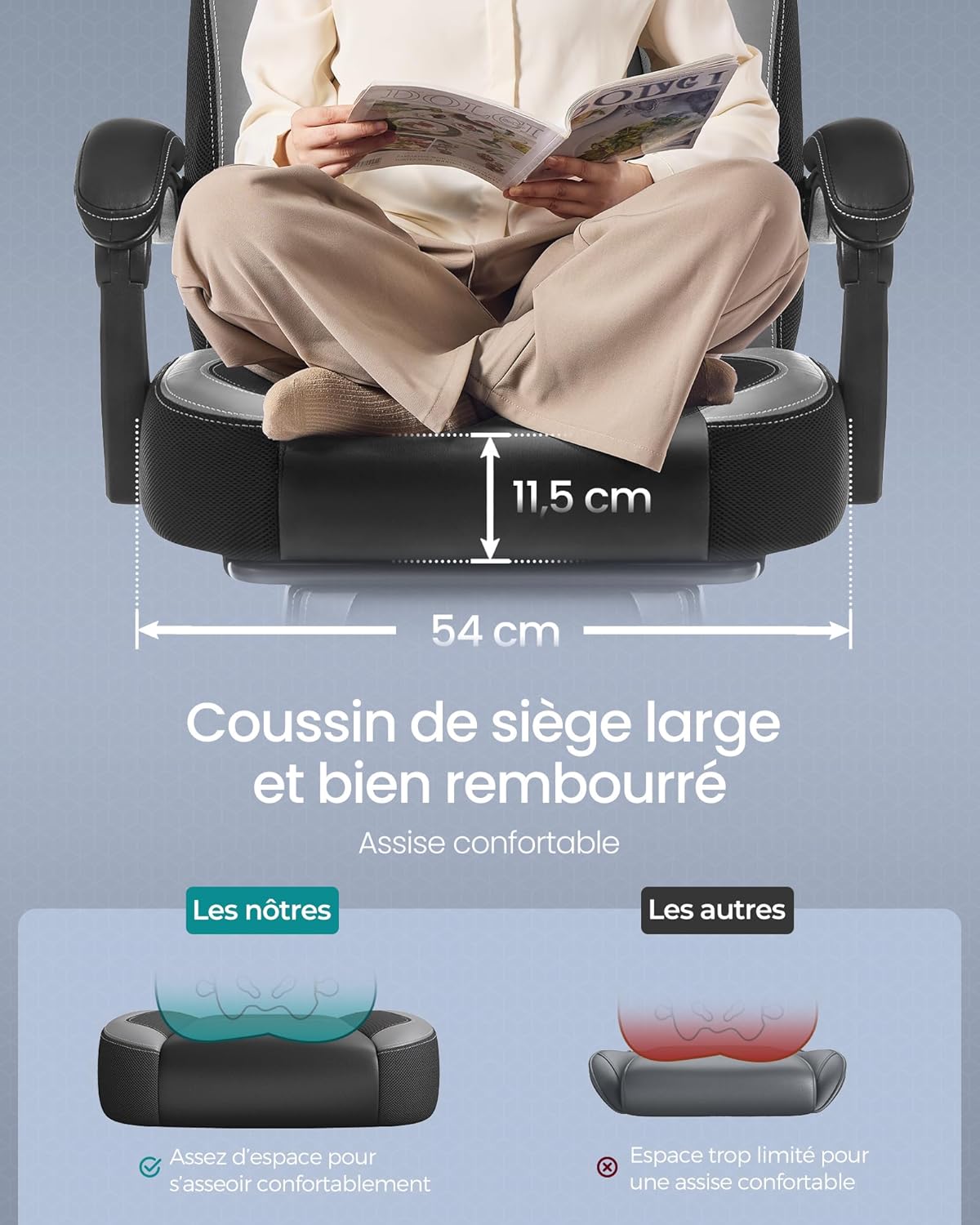 Diagram showing the SONGMICS gaming chair reclining from 90 degrees to 135 degrees, with a person relaxing in the reclined position and working in the upright position.