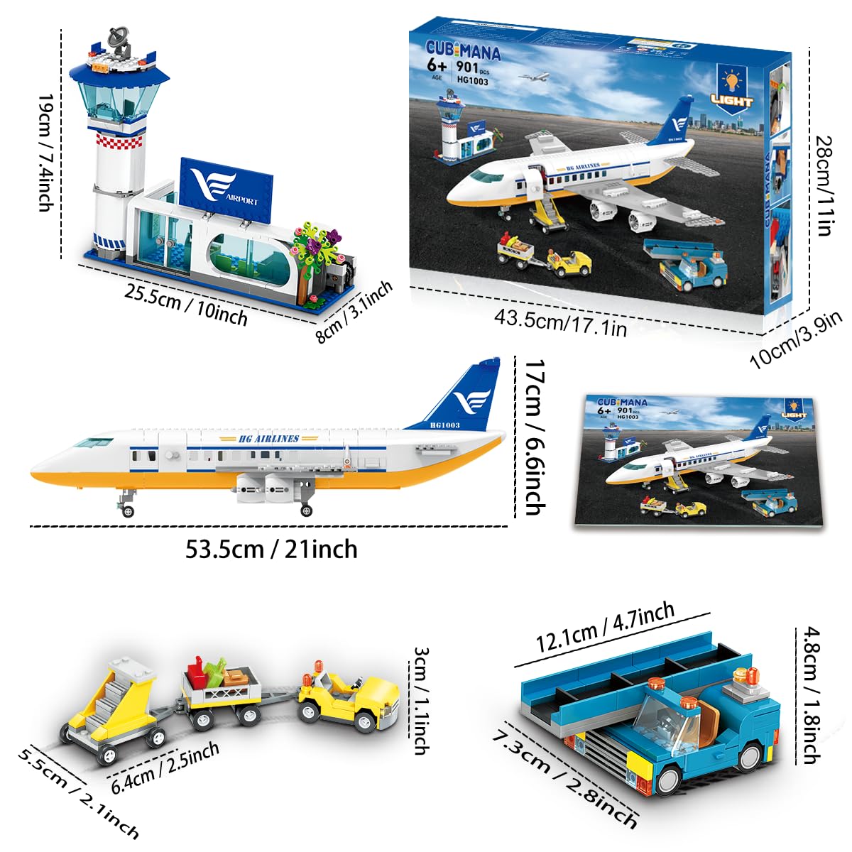 CUBIMANA 53.5CM Großes Passagierflugzeug Bausatz mit LED-Licht für Kinder | 2 Gepäckwagen, Terminal & Radarturm, Weihnachts- und Geburtstagsgeschenk für Erwachsene und Kinder ab 6 Jahren