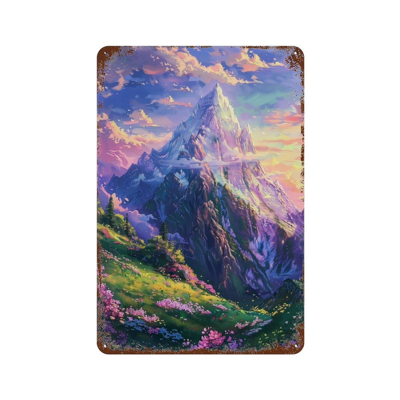 Rust Effect Fantasy Mountain Landscape Rustic Tin Plaque 11.8"x7.9", Classic Wall Plaque for Shed, Workshop And Garage Wall Decor