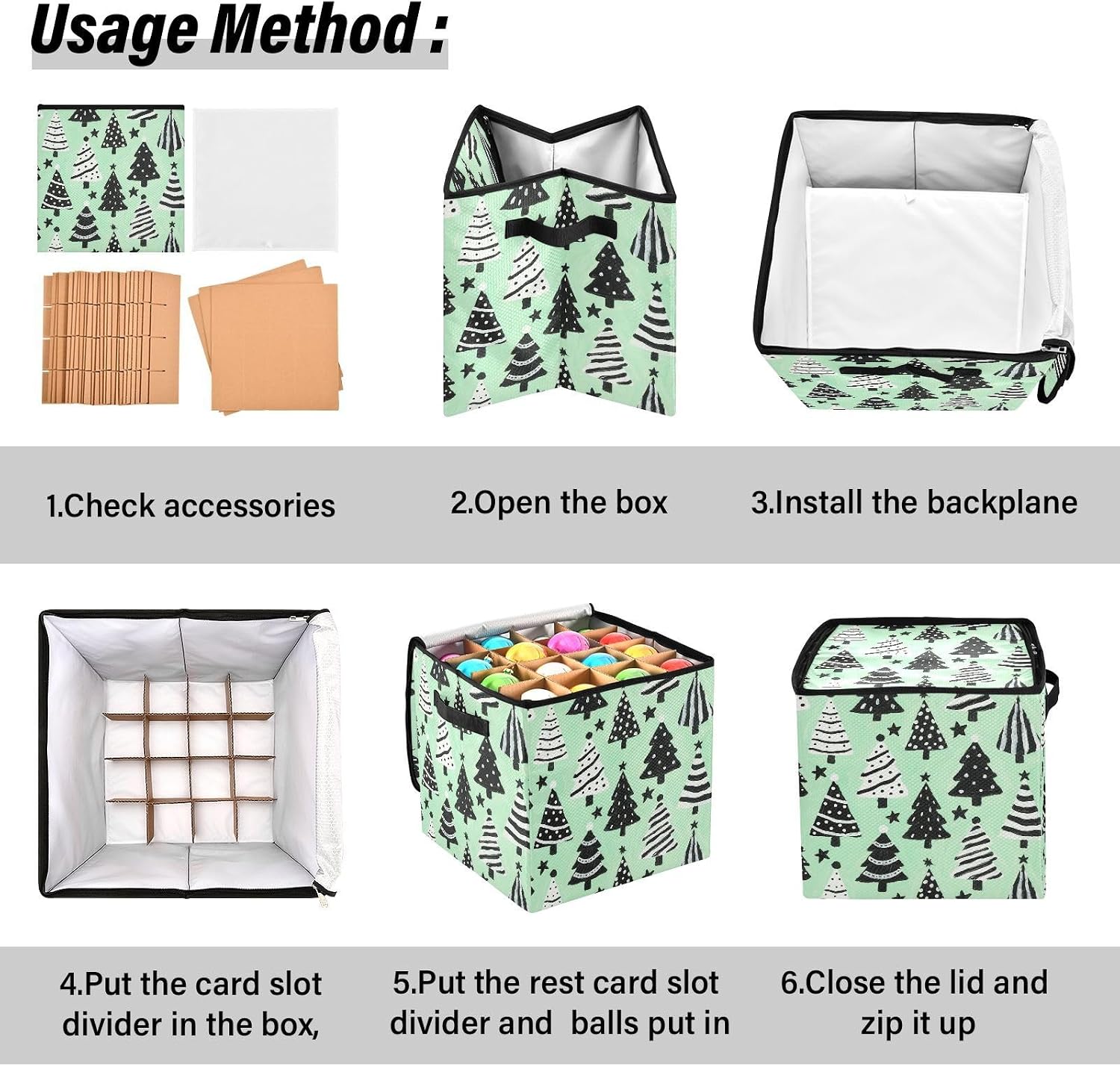 High Capacity Christmas ornament storage Holds Up to 64, Adjustable Dividers telescoping Holiday Storage Case with Lid,Merry Christmas with Mint and Green Trees