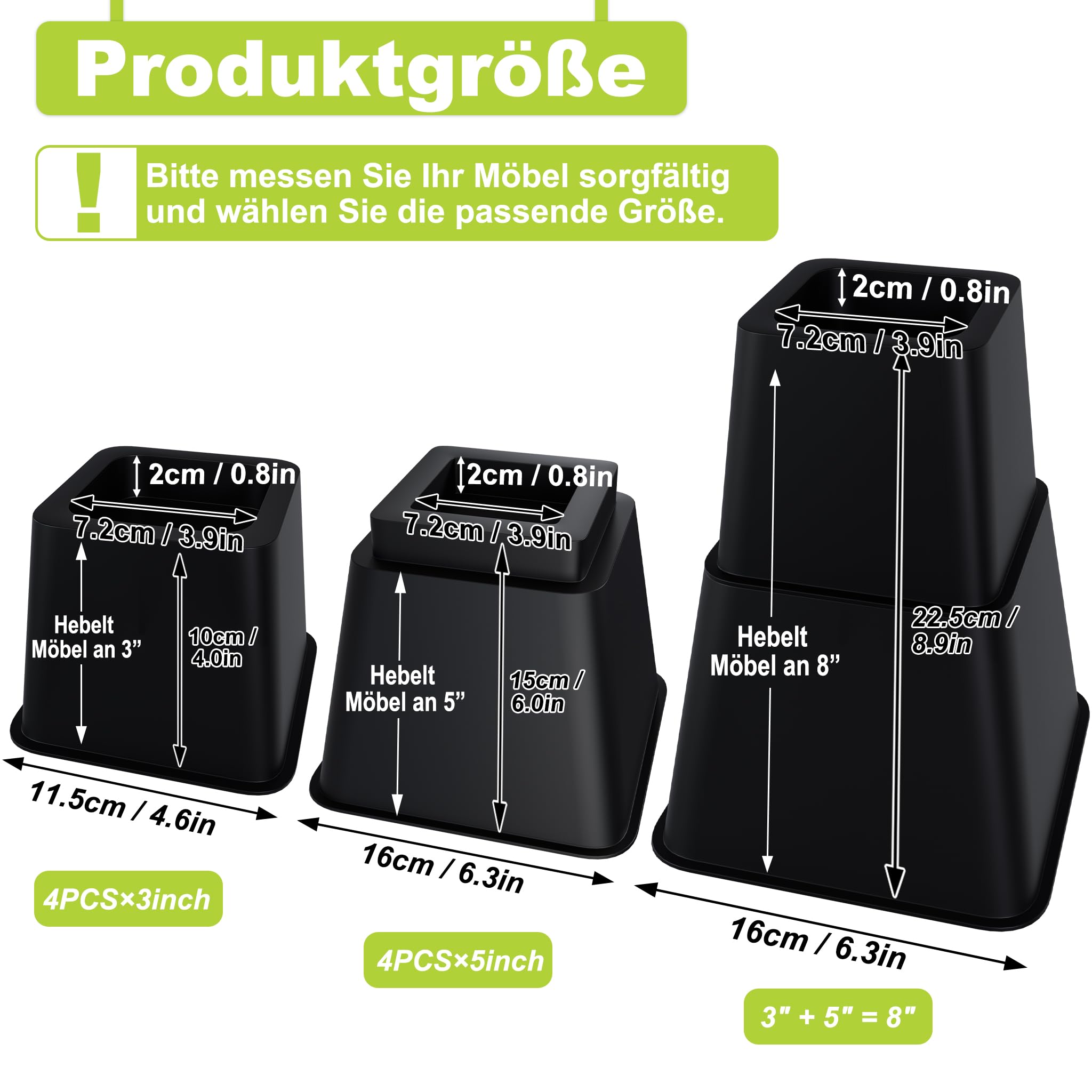UISEBRT Lot de 8 rehausseurs de meubles carrés (10 cm + 15 cm de hauteur), rehausseurs de meubles pour lit, table, canapé et chaise, rehausseur de table, pieds et rehausseurs de lit, extension de pied