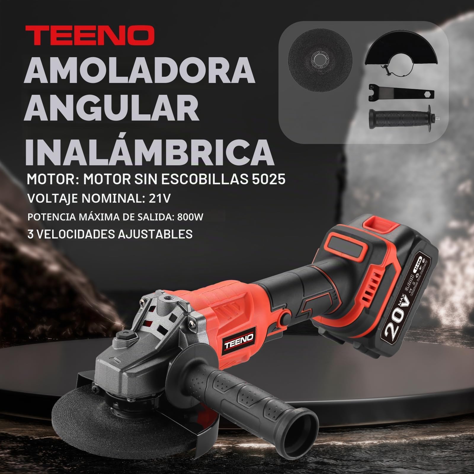 TEENO Kit 3 Herramientas 20V Llave de Impacto Inalámbrica sin Escobillas, Taladro Percutor, Amoladora Angular sin Escobillas, Baterías 2x 3,0 Ah