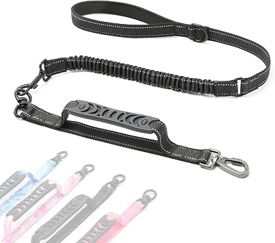 voopet Tactical Bungee Dog Leash 4 FT Shock Absorbing Heavy Duty Dog Leash for Pulling Dogs No Pull Strong Dog Training/Walking Leash with Comfortable Dual Handle for Medium Large Dogs, Black