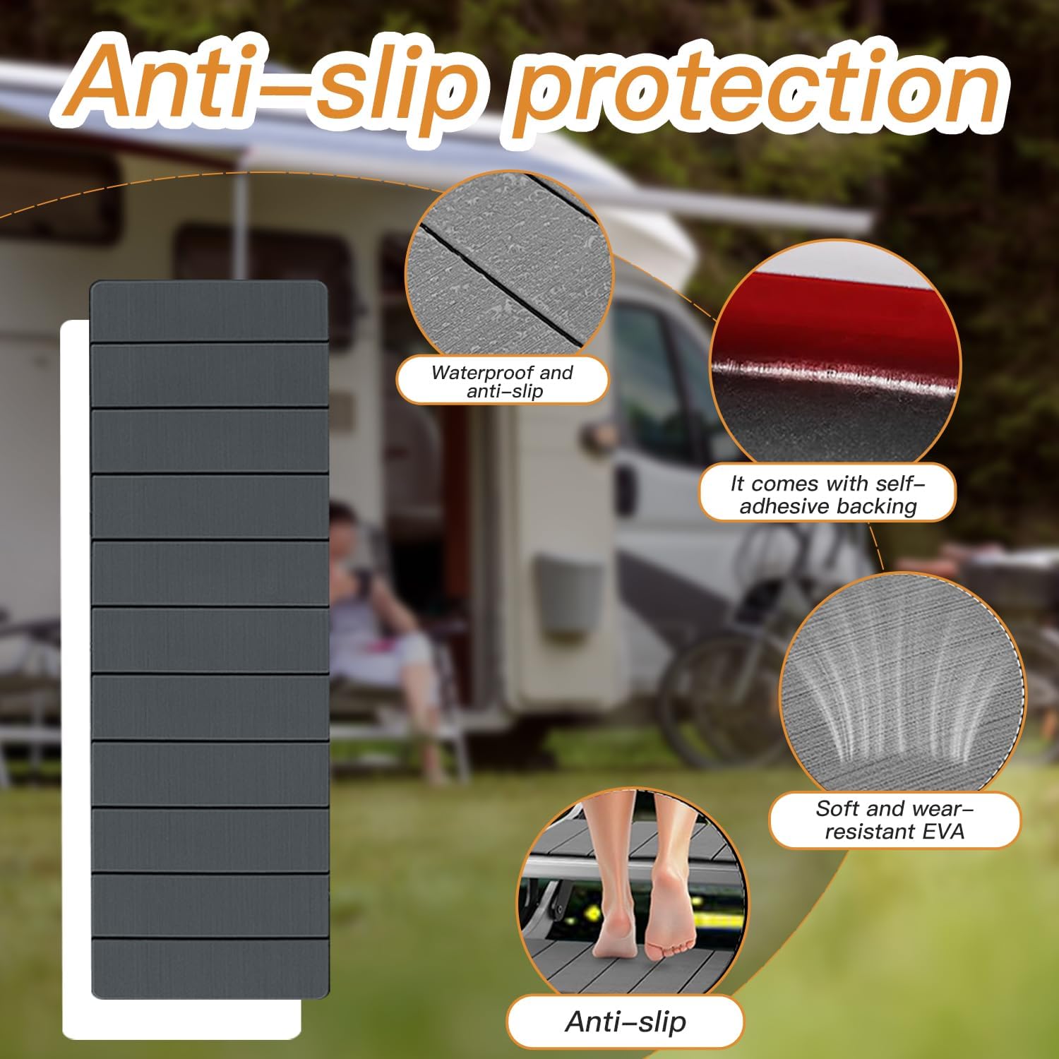 Upgraded RV Step Covers 4 Pack, 24" x 7.5" Trimmable EVA Foam RV Stair Covers, Non-Slip Self-Adhesive Camper Step Carpet Rug, Durable Customizable Step Pads for RV, Trailer, Camper