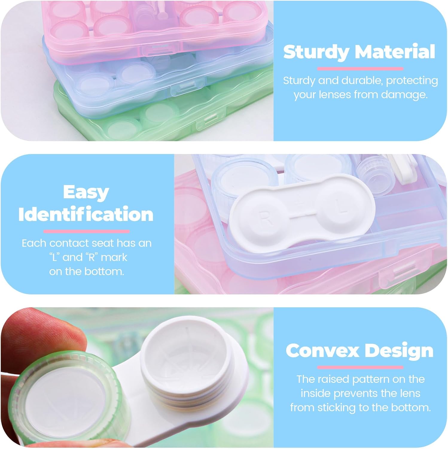18 Pack Clear Contact Lens Case with 3 Storage Box, Leak Proof Eye/Colored Contact Case Soak Container Organizer Holder with Accessories for Travel, Daily, 3 Colors