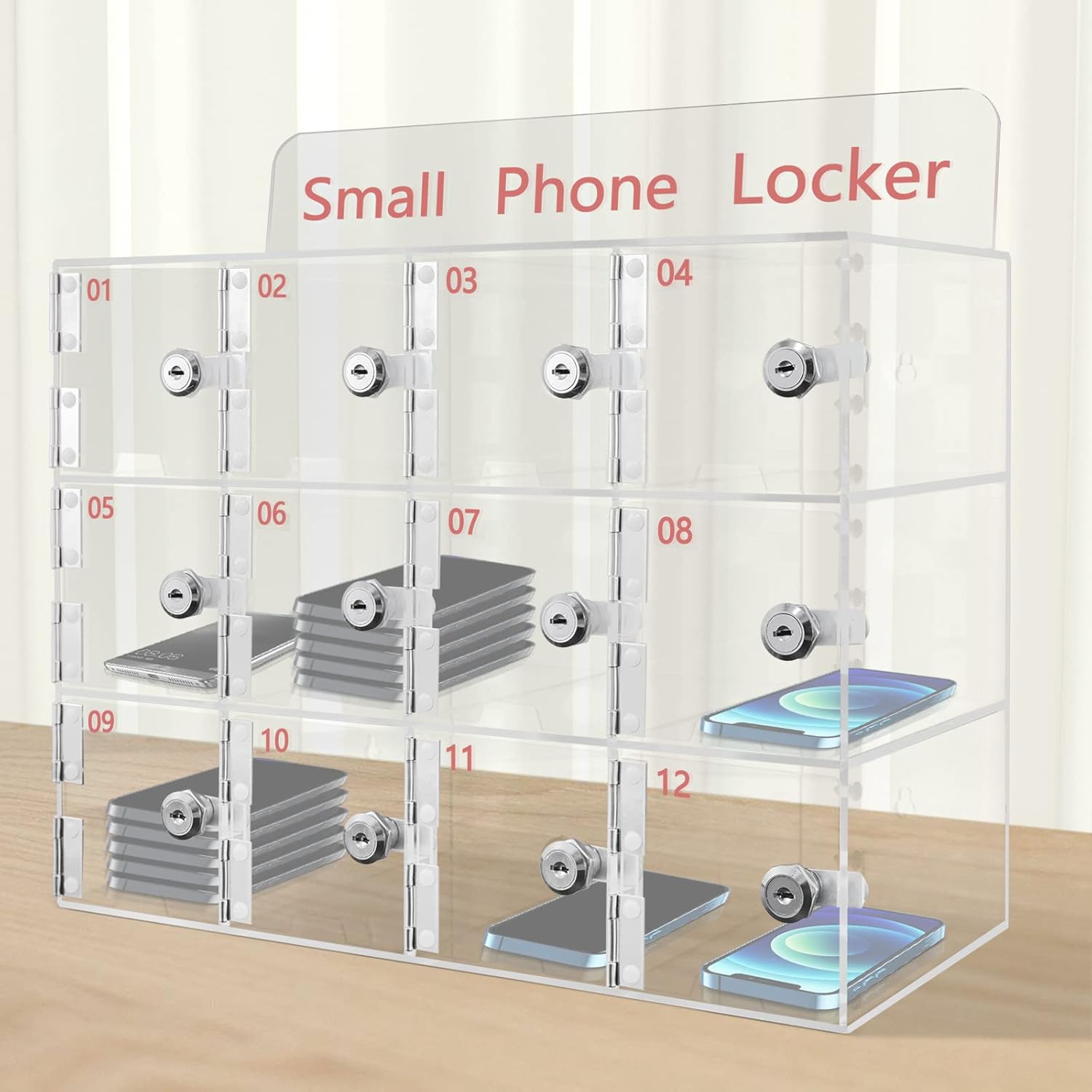 Cell Phone Lockers for Classroom 12 Slots, Cell Phone Holder Classroom Lockable Cell Phone Storage Cabinet with Clear Door, Phone Lock Box for Office Shool Conference Room