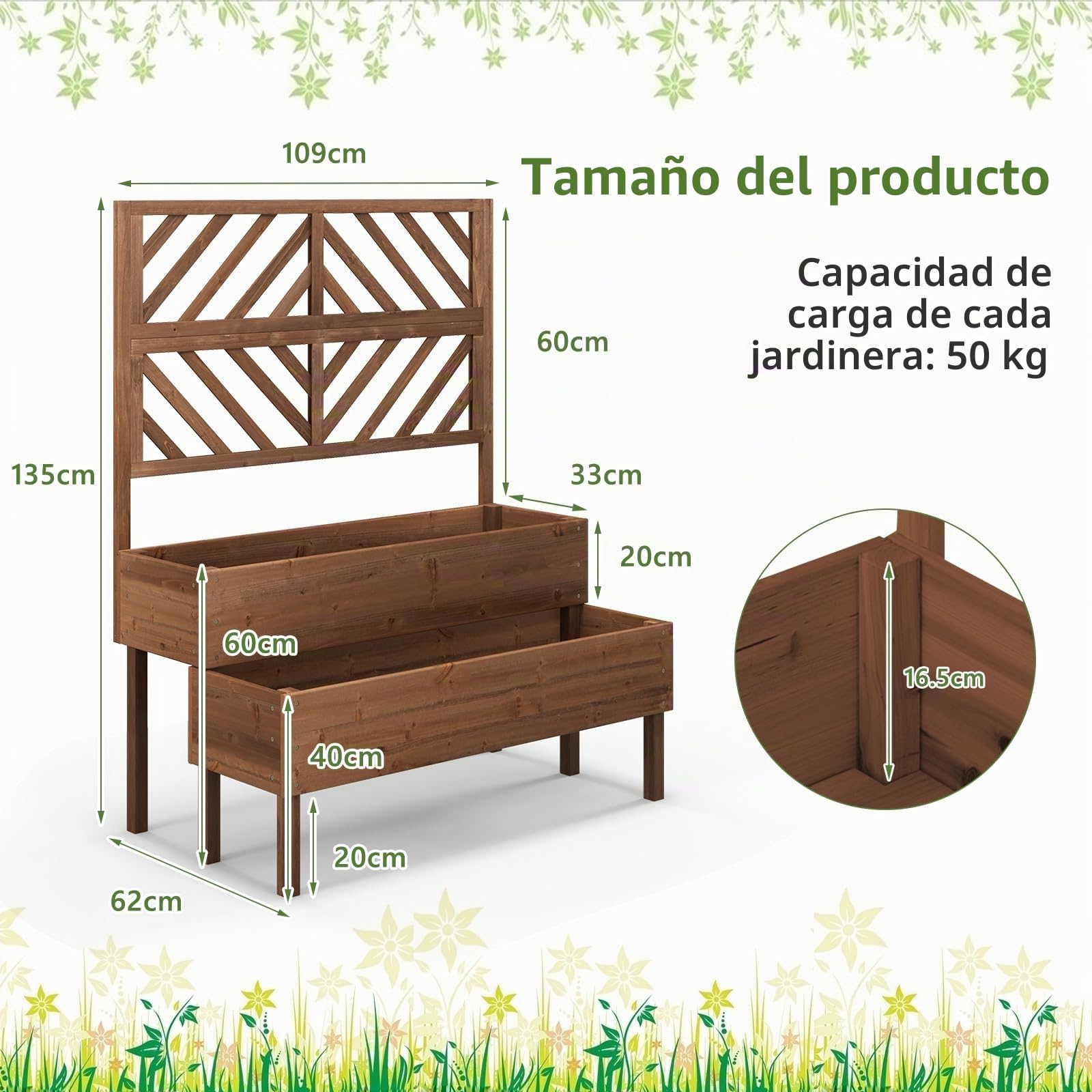 GOPLUS Cama Elevada de Jardín con Enrejado, Jardinera Exterior para Plantas Trepadoras de 2 Niveles, Enrejado de Jardín con Orificio de Drenaje, Huerto para Flores para Terraza Patio Balcón (Marrón)
