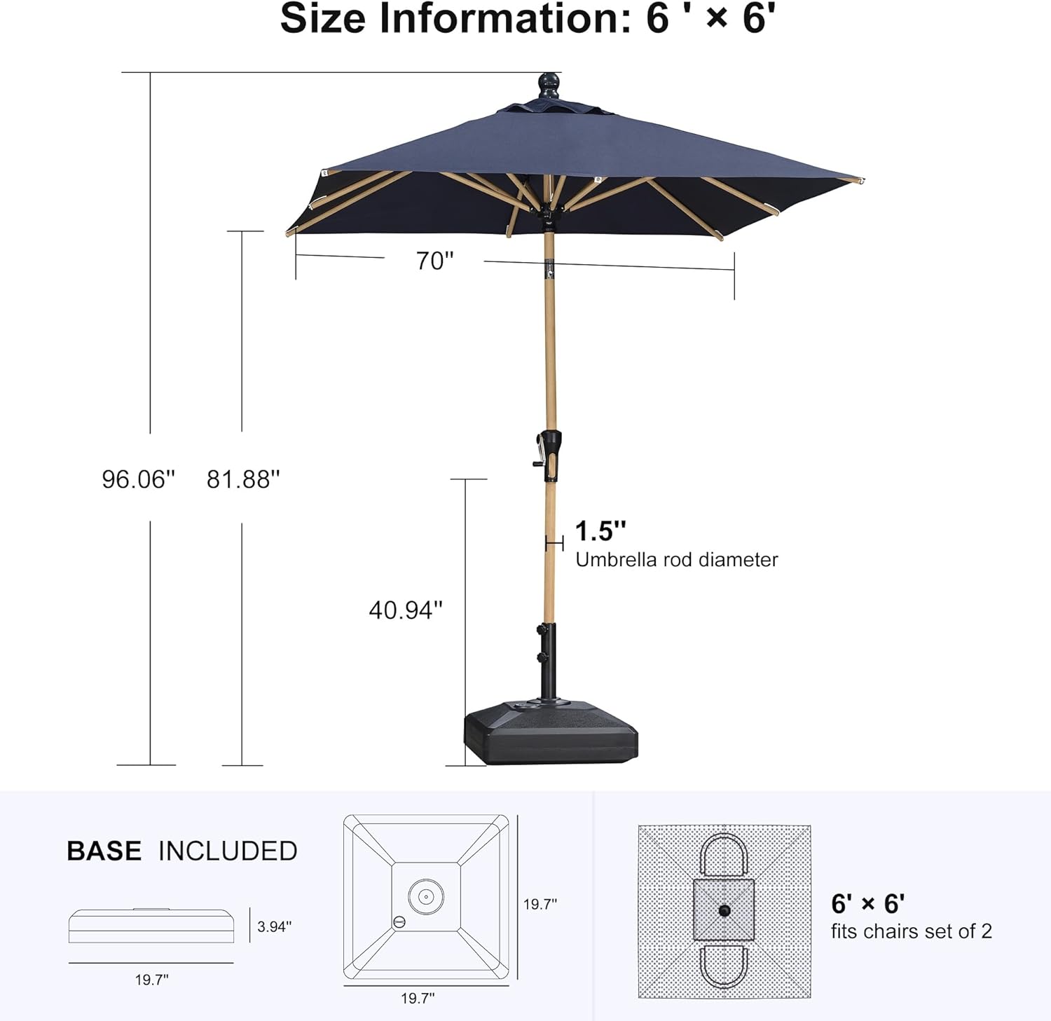 PURPLE LEAF 6' x 6' Square Outdoor Umbrella with Base Outdoor Table Umbrella Aluminum Patio Umbrella with Push Button Tilt & Crank and 8 Ribs Market Umbrella for Pool Backyard Beach, Navy Blue