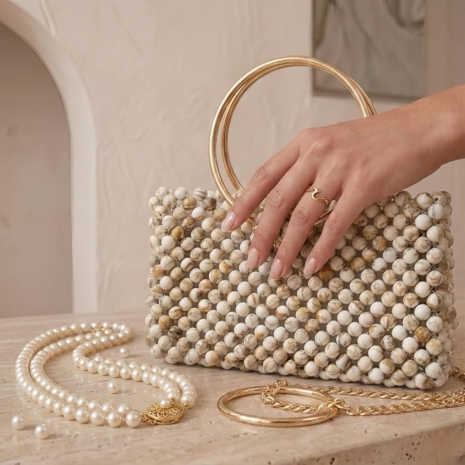 Boho Stone Beaded Handbag Handmade Woven Clutch Purses for Women