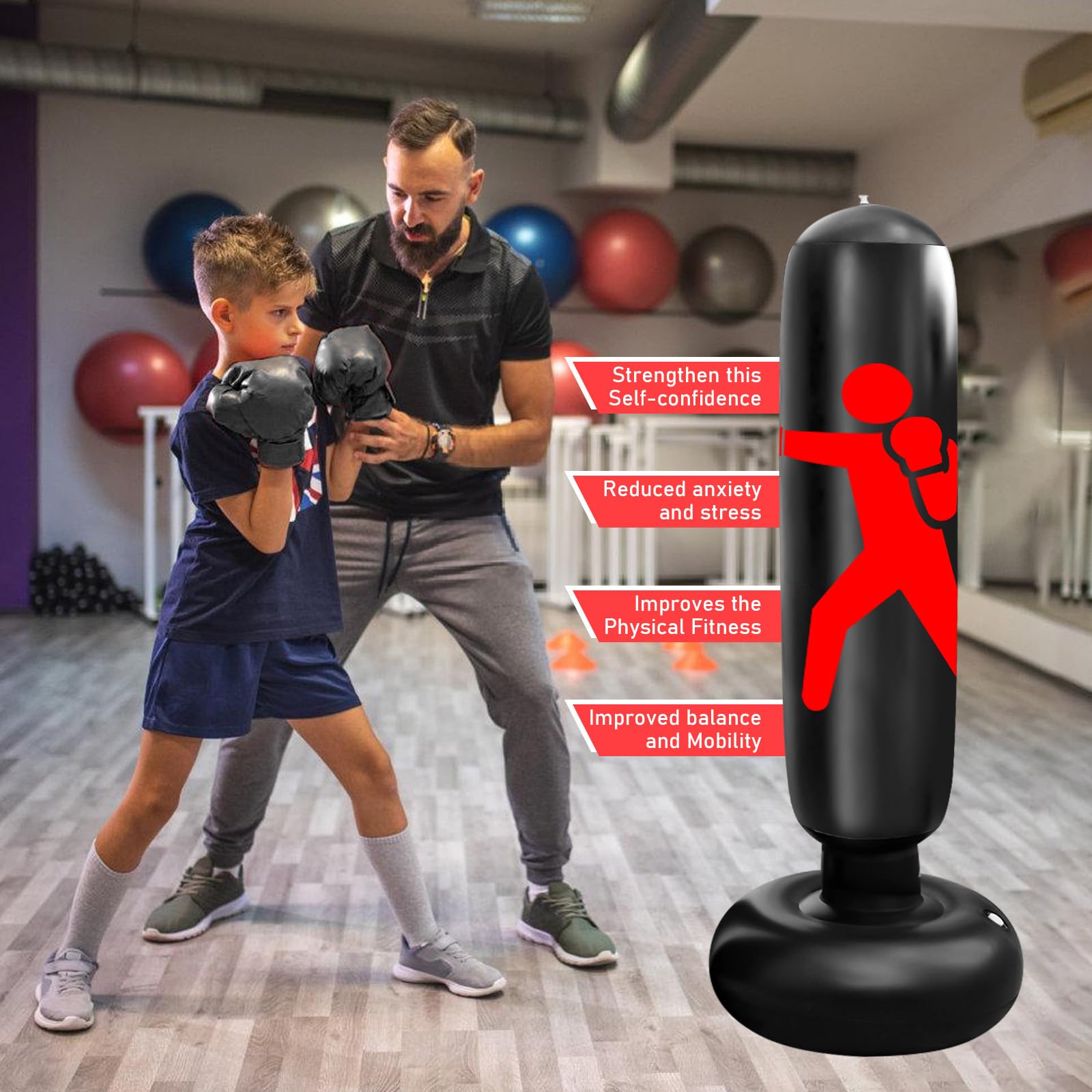 Sacco da boxe per bambini, 160 cm, con guantoni da boxe, sacco gonfiabile per ragazzi e ragazze dai 3 ai 12 anni, set da boxe per bambini, sacco da boxe in piedi, per interni ed esterni, karate