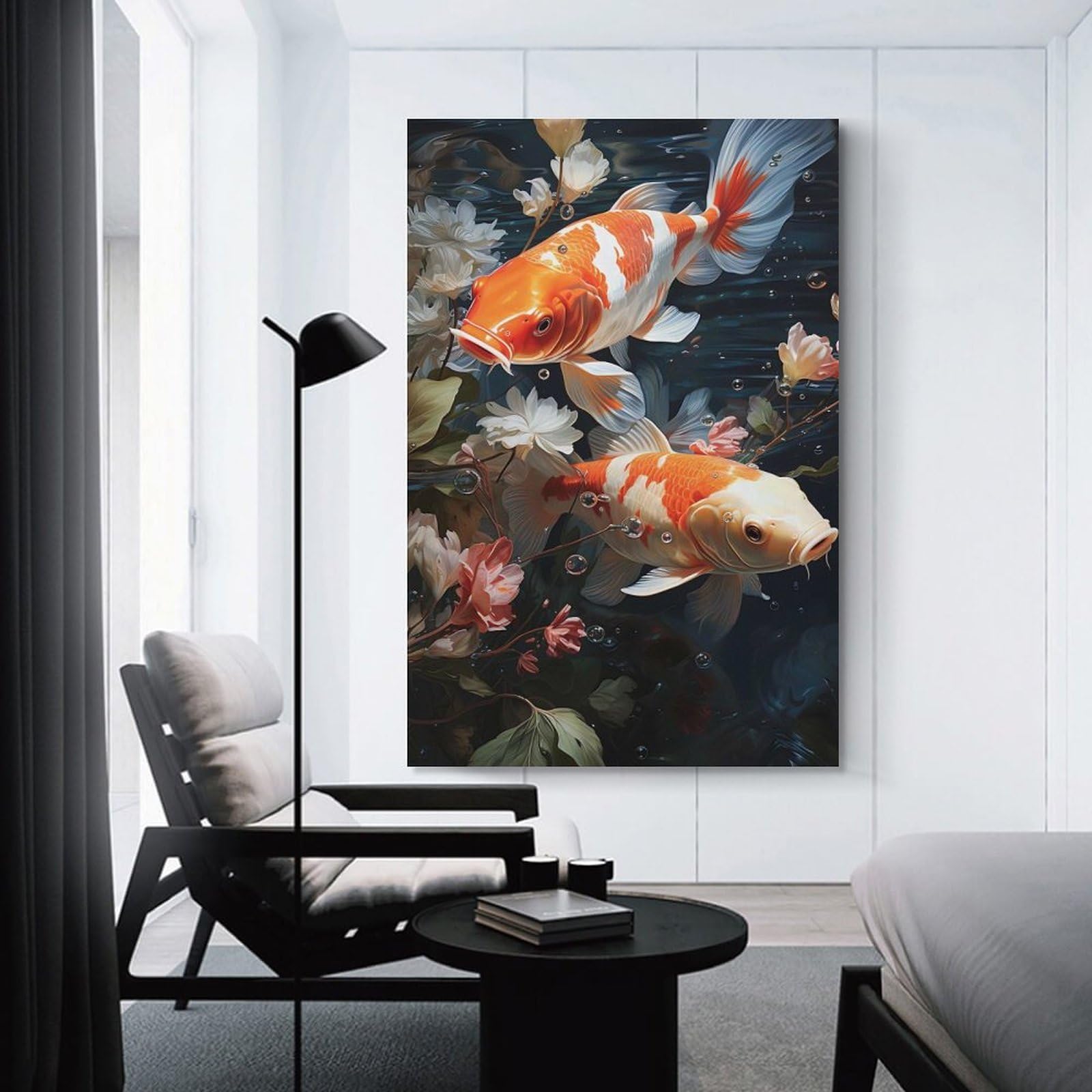 Junmoney Wall Art Print Koi Fish And Flowers, 12x18inch(30x45cm), for Bedrooms, Workspaces And Everyday Interiors, Stylish Home Artwork for Focal Walls