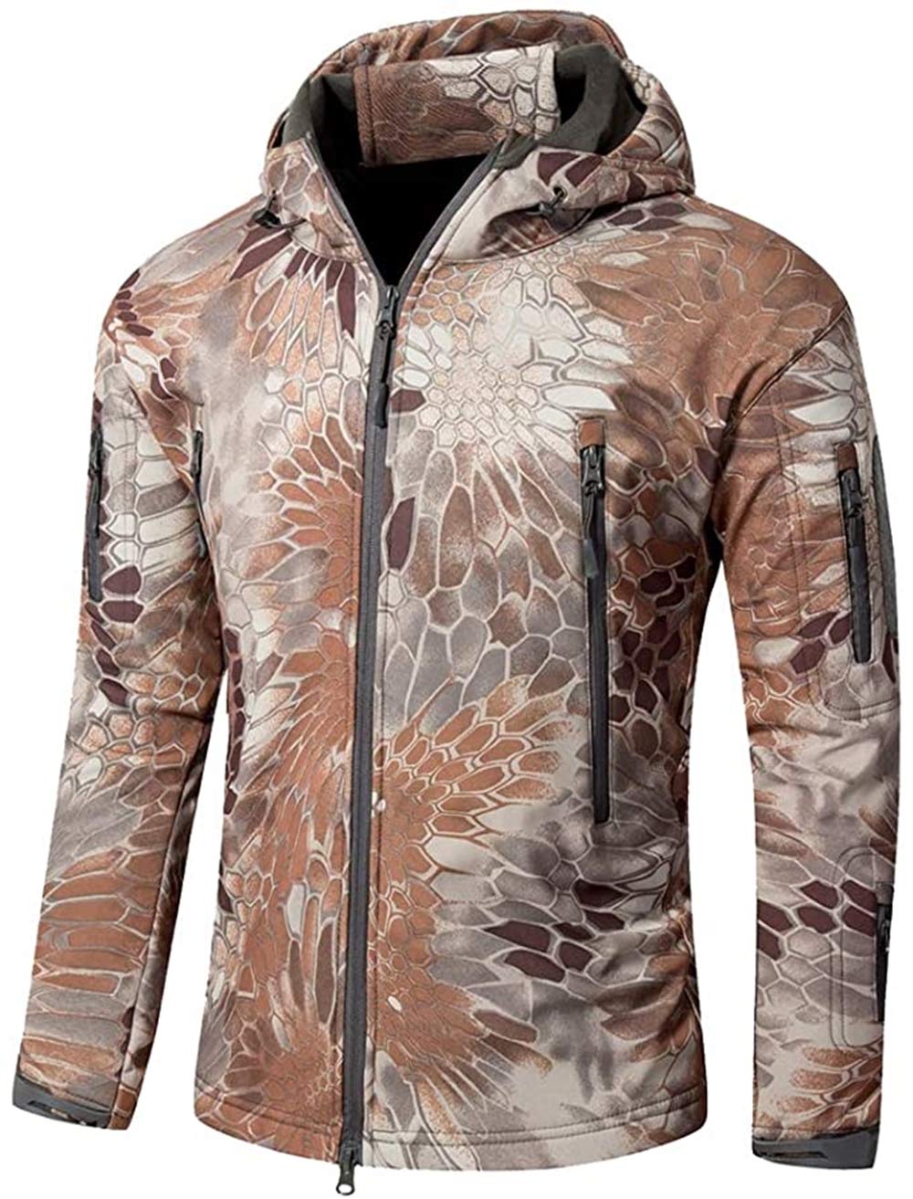 FENG Taktyczna kurtka dla mężczyzn, kurtka softshellowa, wojskowa, moro, wodoszczelna, softshell, polar, jesień, zima, brązowy wzór, S