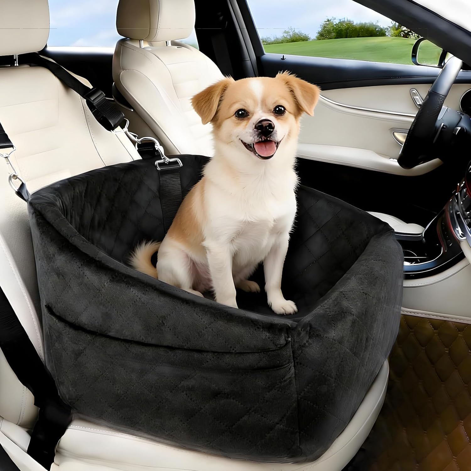 Dog Booster Car Seat, Comfy Dog Bed for Car with Safety Belt and Storage Pockets, Detachable Washable Pet Car Seat for Small Medium Sized Puppies Cats Under 30-35 LB