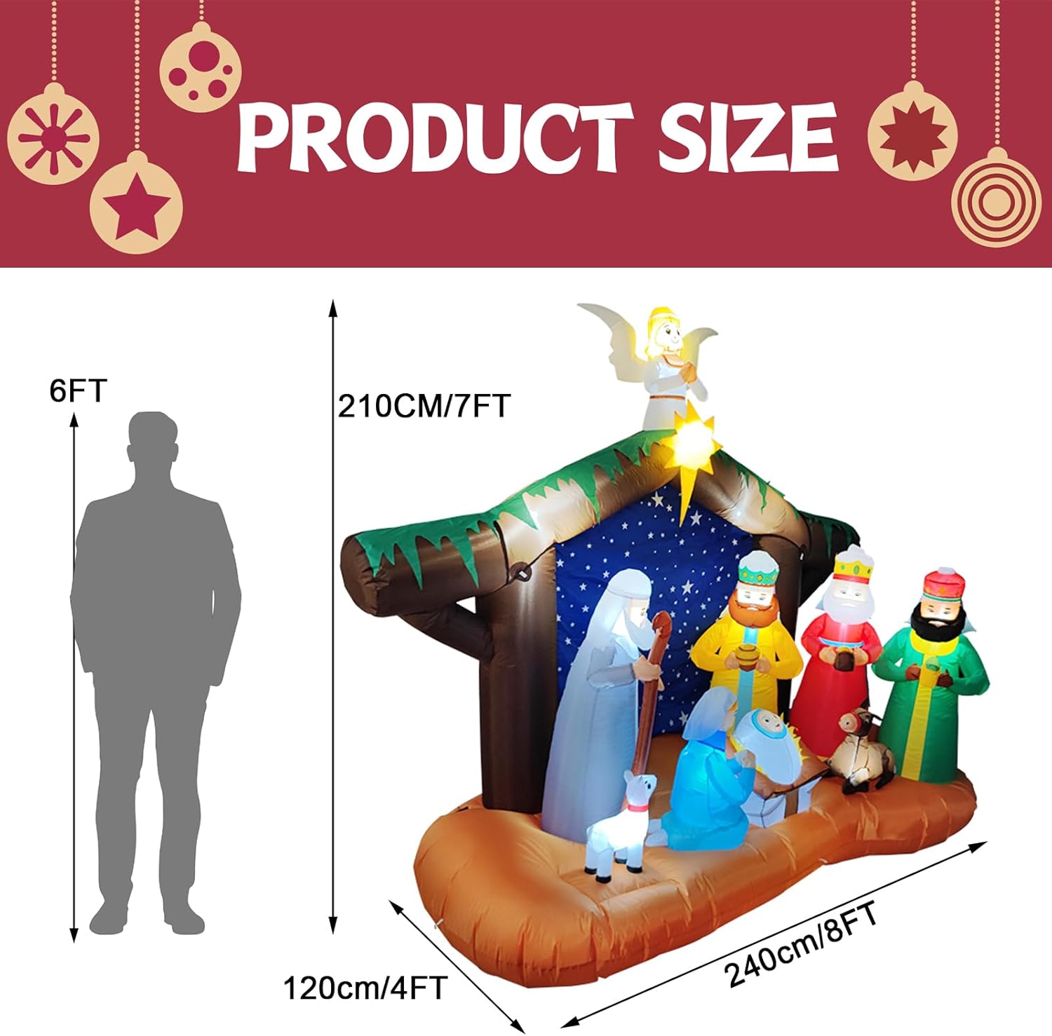 8FT Christmas Inflatables Nativity Scene Decorations, Outdoor Christmas Blow Up Yard Decor, Built-in White LED Lights, Waterproof Xmas Decorations for Yard Garden Lawn Holiday Party