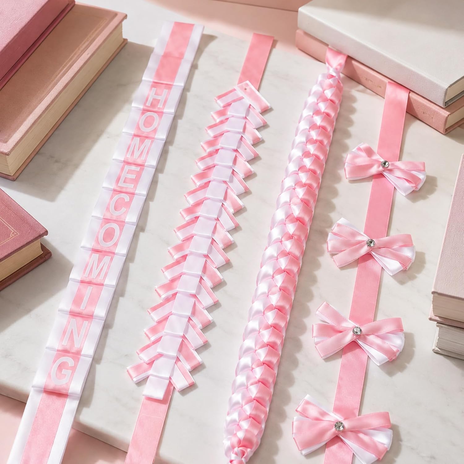 4pcs Pink and White Homecoming Mum Braids Ribbon Set 30 Inches, DIY High School Back to School Week Party Decorations Homecoming Mum & Garter Craft Supplies