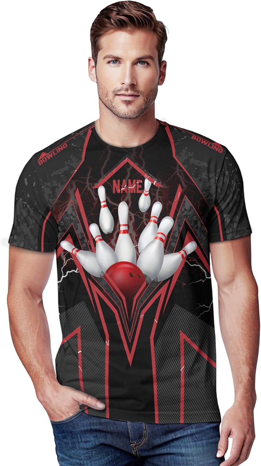 Unisex Bowling T-Shirt Personalized Red Plaid Bowling Pin T Shirt for Bowling Player Printing Bowling Team Clothes