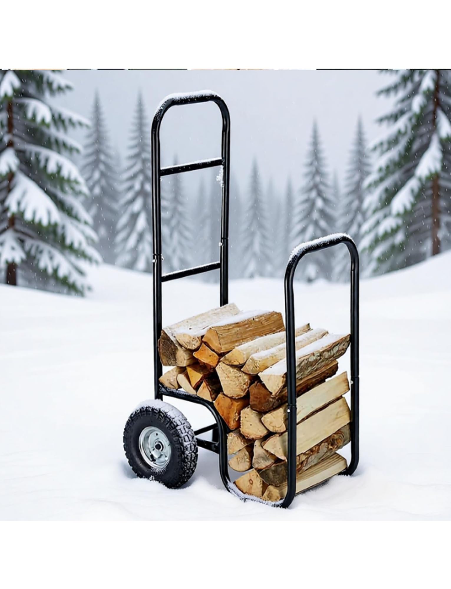 Carrello per legna da ardere con ruote, carrello per legna resistente, ruote in gomma per interni ed esterni, carrello per legna in ferro e supporto per legna da ardere per camino