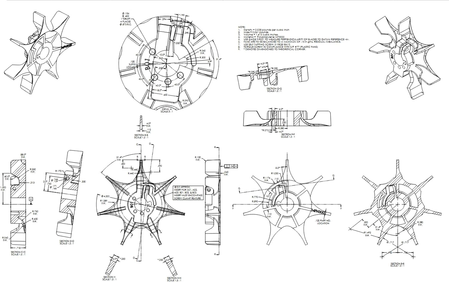 34FN3002B01, External Cooling Fan, Plastic, .637/.639 HUB W/