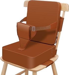 Toddler Booster Seat for Dining Table, Non-Slip Kitchen Chair Booster Cushion with Backrest and Adjustable Straps, Portable PU Waterproof Travel Baby Booster Increasing Cushion, Brown