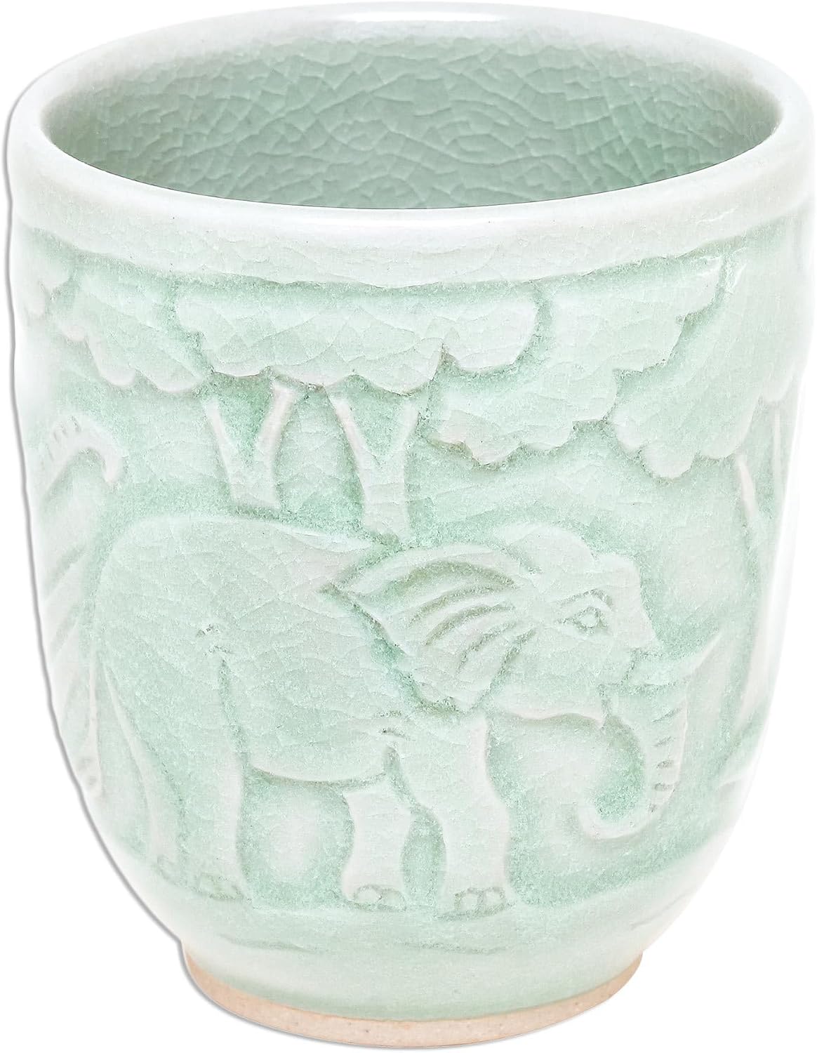 NOVICA Artisan Handmade Celadon Ceramic Teacup Elephantthemed from Thailand Green Tableware Dinnerware Mugs Cups 'Elephant Forest'