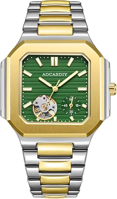 Mens Hand-Winding Mechanical Watches Luxury Square Case Skeleton Watch with Independent Seconds Dial, Retro Fashion Stainless Steel Waterproof Wristwatch for Men