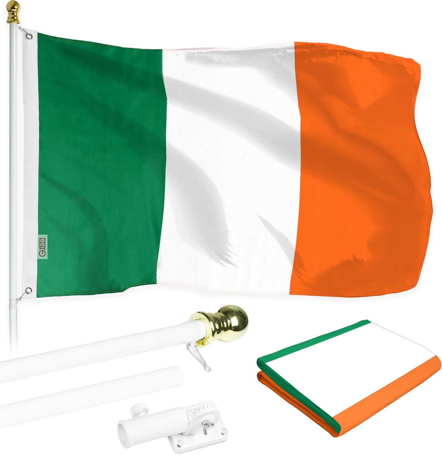 G128 Combo Pack: 6 Ft Aluminum Spinning Flagpole (White) & Ireland Irish Flag 3x5 Ft, LiteWeave Series Printed 100D Polyester | Pole with Flag Included