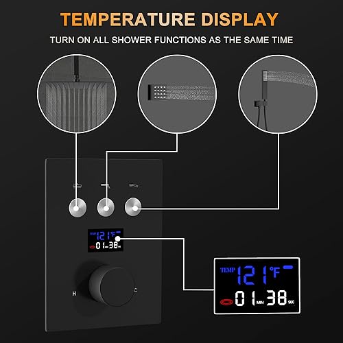 Miniatura 2 de AYIVG Válvula de control de flujo de ducha negra mate, pantalla de temperatura, función de salida oculta de 3 vías, válvula desviadora de ducha,