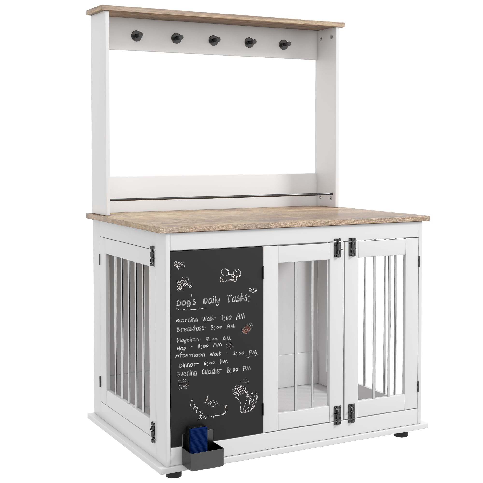 PawHut Hundekäfig für Zuhause mit 3 Türen, Haken für große Hunde Weiß | Hundebox, Hundehaus mit Radiergummi, Schreibtafel, Aufbewahrungsregal für Spielzeug