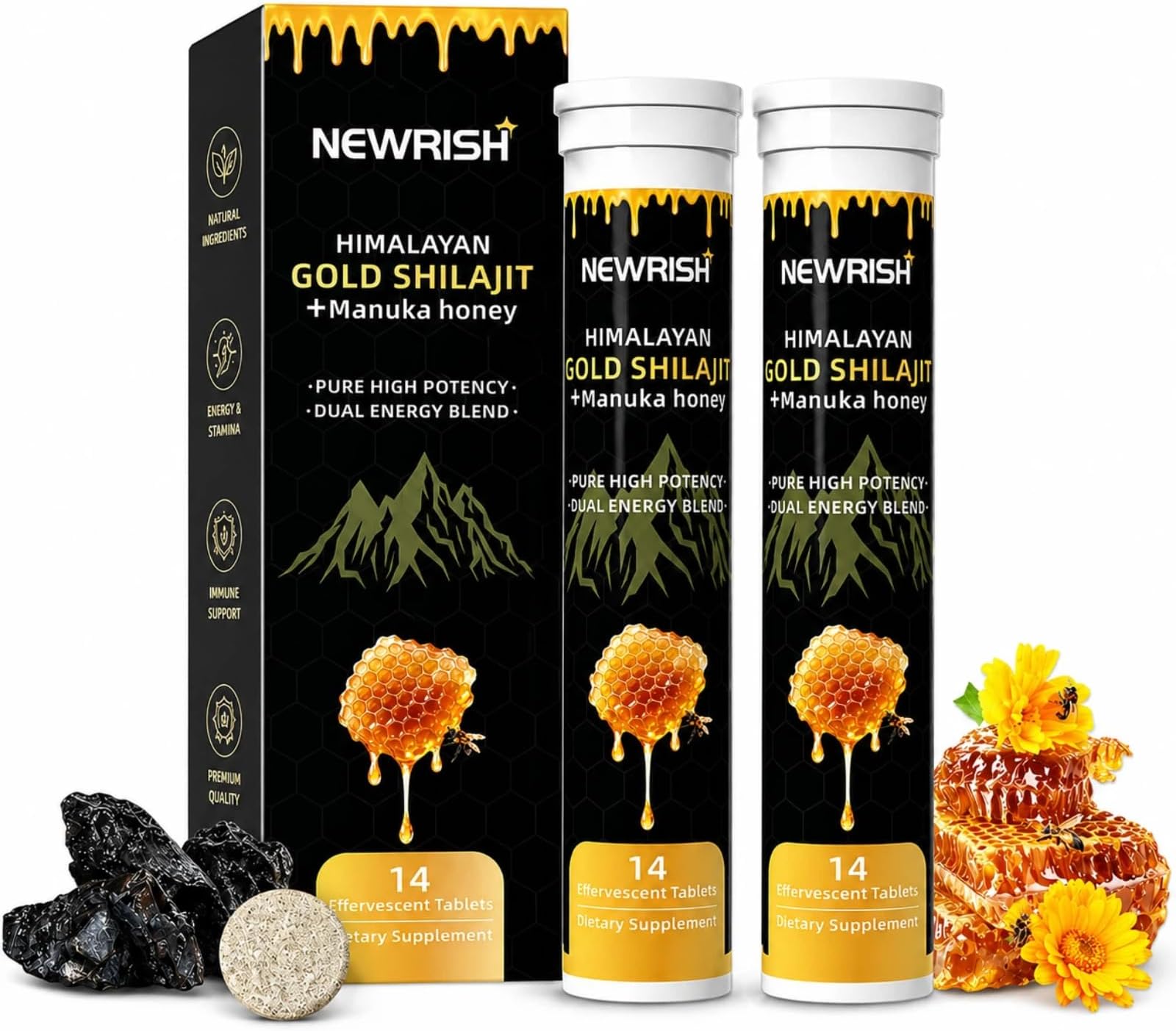 - Shilajit Effervescent Tablets with Ashwagandha Gokshura, Himalayan Shilajit, Fulvic Acid & 85+ Trace Minerals, Non-GMO, No Added Sugar, 28 Counts for Men & Women