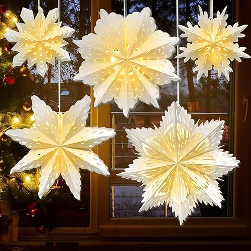 5 Pack Paper Snowflake Lanterns, Christmas Paper Star Lantern with