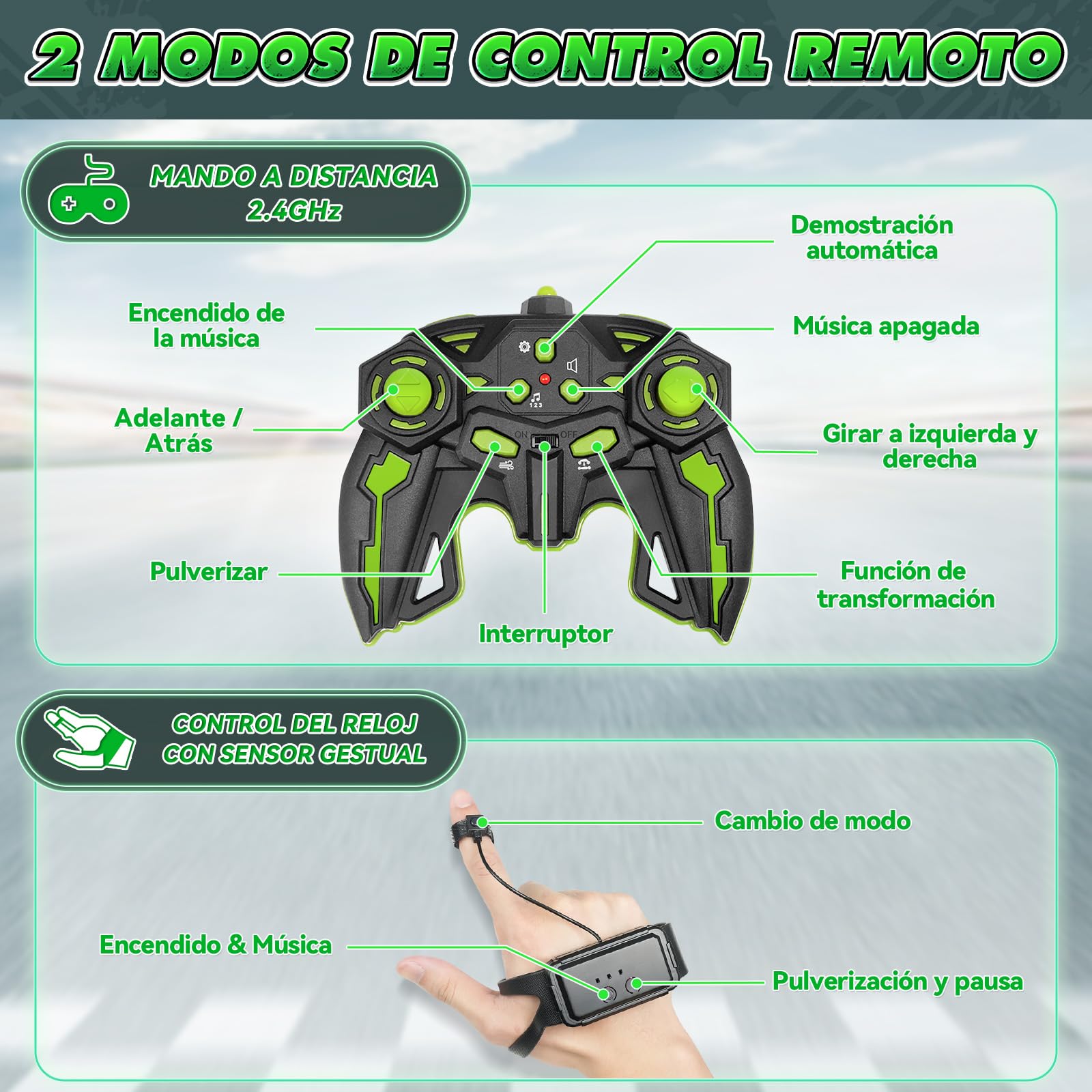 Dysaim Coche Teledirigido Niños, Coche Teledirigido con La Mano, 360°De Rotación Drift Coche Control Gestual,2 Baterías Recargable, 2.4Ghz RC Stunt Car Navidad Regalo para Niños de 6 8 10 12, El Verde
