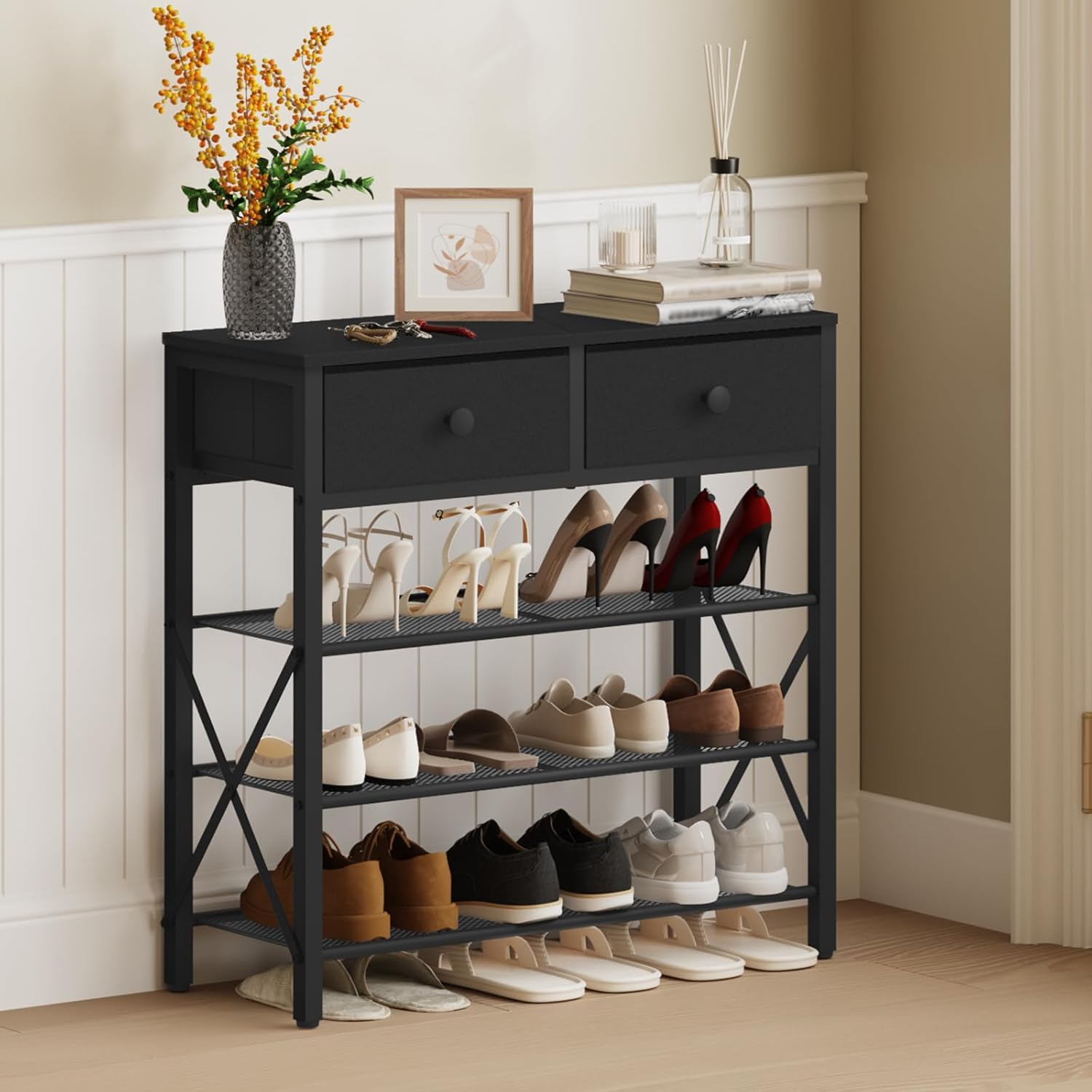 YATINEY 4 Tier Shoe Rack, Large Capacity Shoe Storage Organizer, Metal Shoe Shelf with Drawer and Wooden Top, for 16 Pairs of Shoes, for Entryway, Closet, Black SS24BB