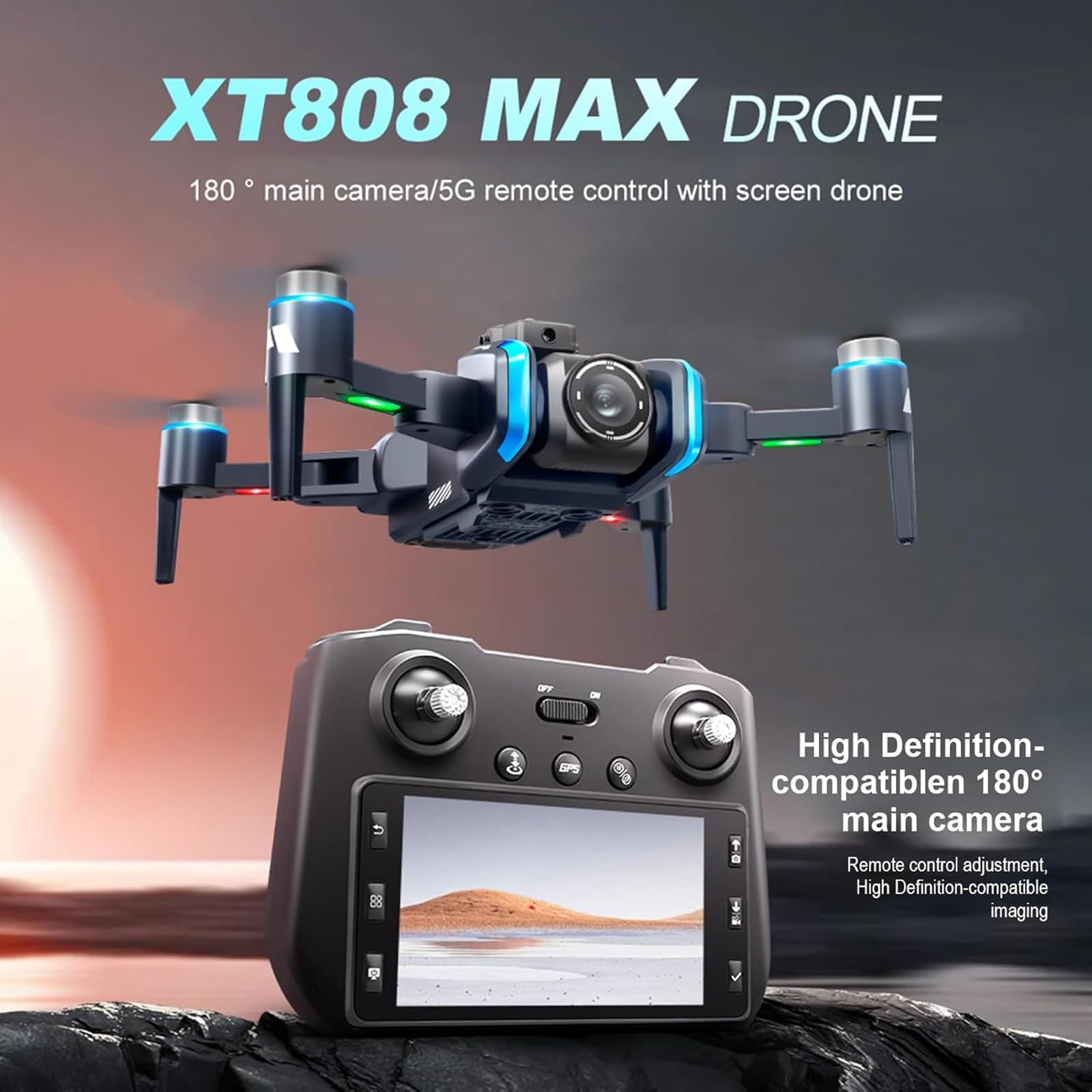 Genérico Drone de Control Remoto con cámaras 4K, Pantalla LCD cámaras duales Flujo óptico Vuelo estacionario GPS posicionamiento 5G WiFi Drone aéreo Adultos Principiante Plegable RC Quadcopter
