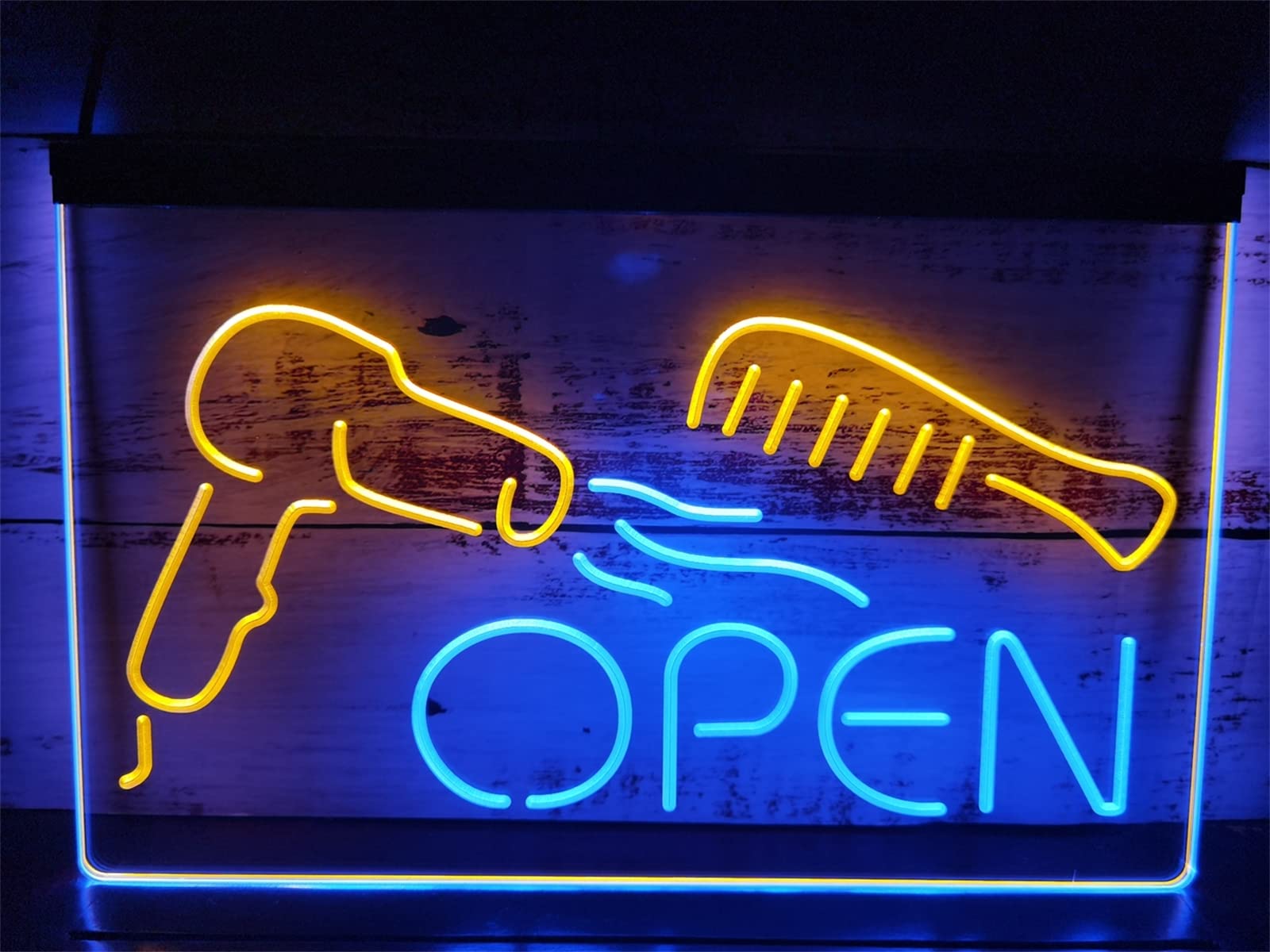 Señal de neón LED para peluquería, secador de Pelo, Tijera, Pantalla de Doble Color, decoración de Pared, Luces de neón Regulables por USB, señal Luminosa,Blue Yellow,40x30cm
