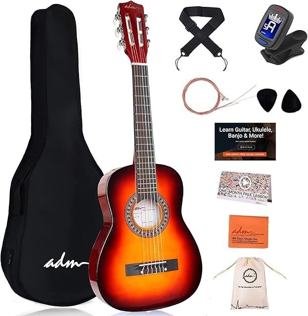 ADM Kids Classical Acoustic Guitar, Children Junior Guitar Beginner Pack with 8 Accessories, 1/4 Size Mini Guitar Good Christmas Gift (Glossy Sunburst, 30 Inches)