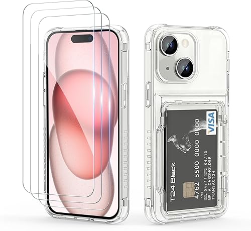 Vofolen Funda tipo cartera para iPhone 15 con 3 protectores de pantalla, transparente, resistente a prueba de golpes, cartera con ranura oculta para
